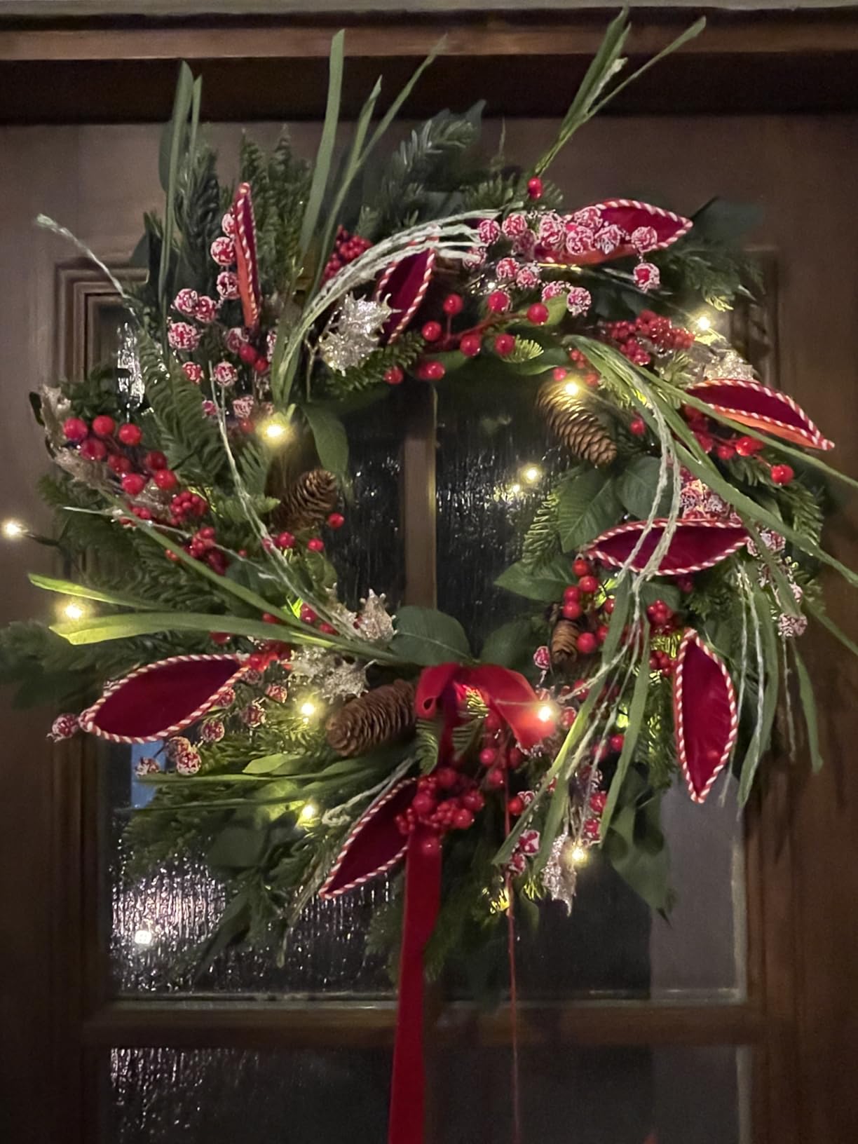 Christmas Wreath with Lights, Outdoor Pre-lit Christmas Wreaths for Front Door - 24 Inch Xmas Door Wreath with Pine Needles Pine Cones and Red Berries - Farmhouse Home Christmas Decorations customer photo 2