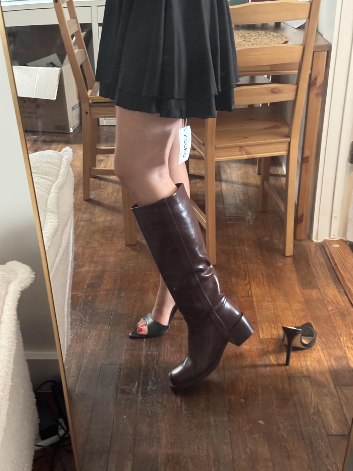 Women's Banana Knee High Boots Square Toe Chunky Block Heel Comfortable Low Heel Pull on Wide Calf Riding Long Boots for Women customer photo 2