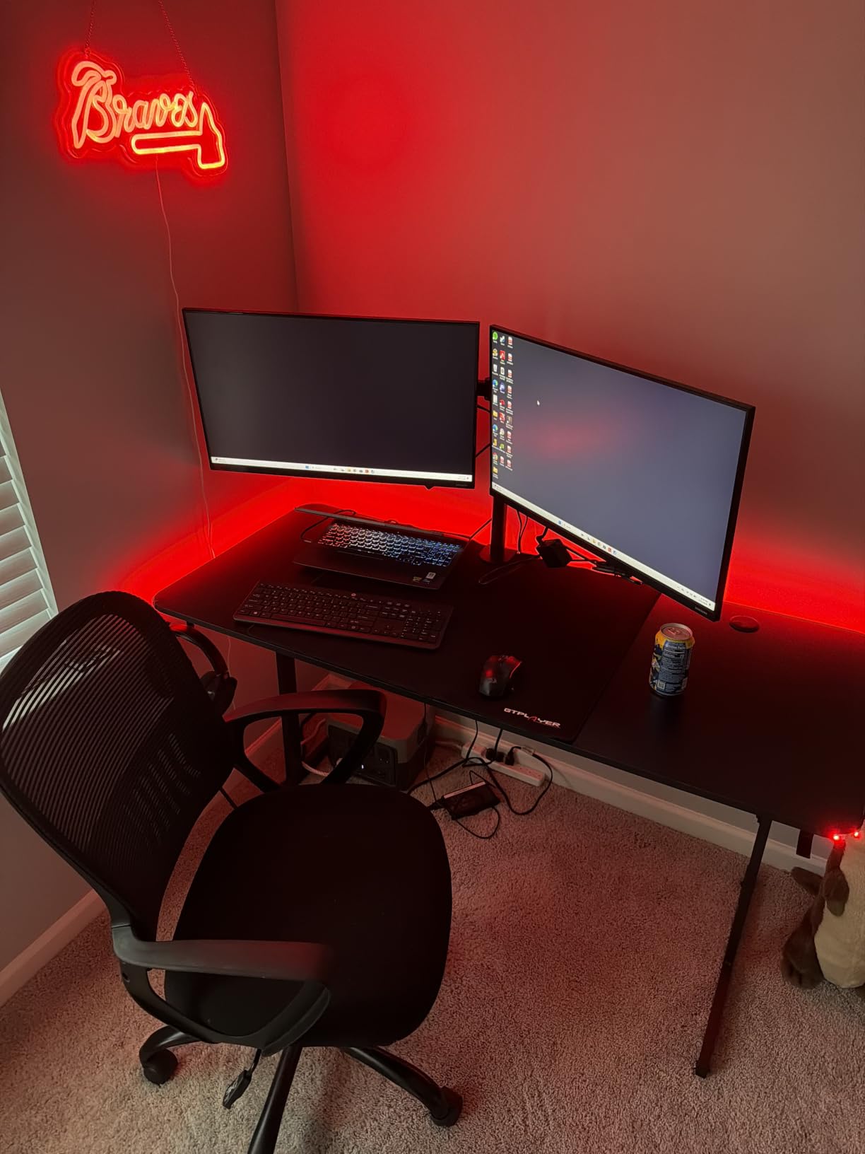 GTPLAYER 55 Inch Gaming Desk with LED Lights, Large Computer Desk with Mouse Pad for Home Office, T-Shaped Carbon Fibre Surface PC Game Workstations with Headphone Hook customer photo 1