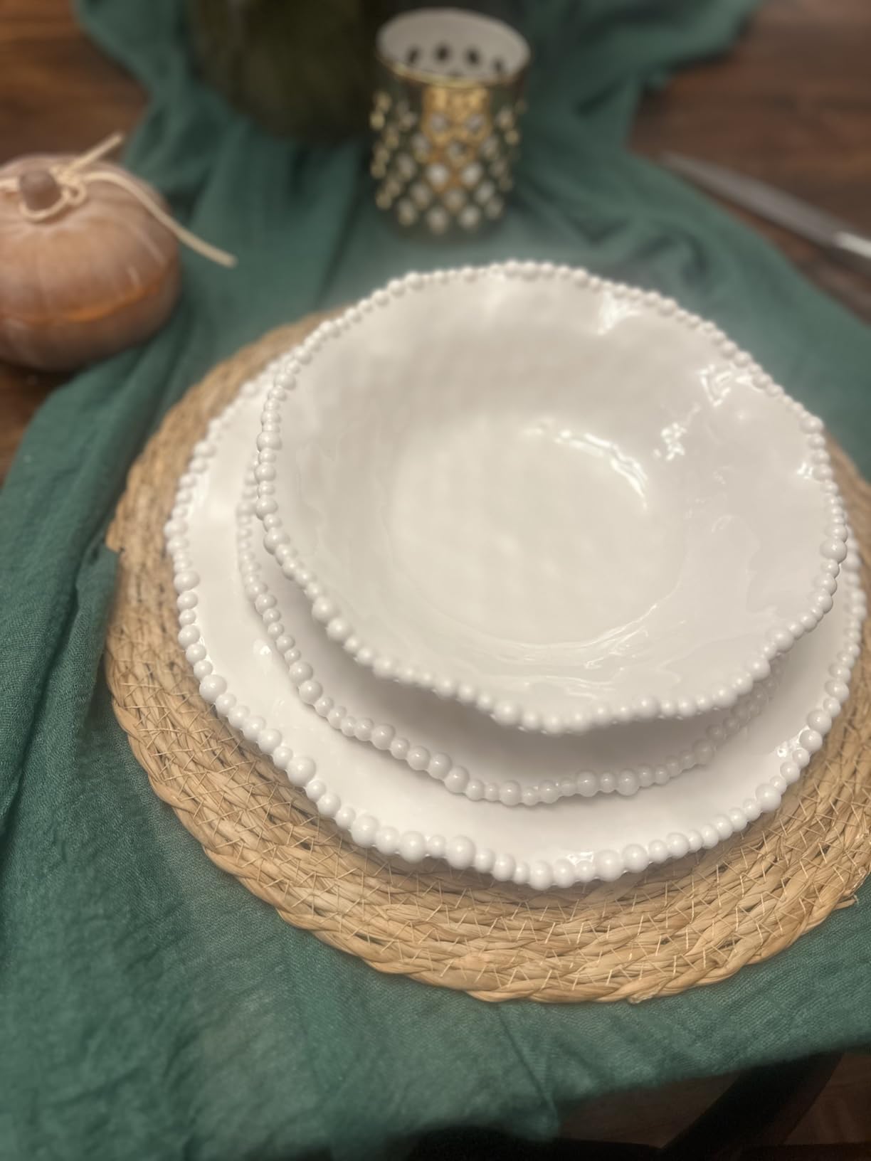 12-Piece White Beaded Melamine Dinnerware Sets - Chip-Resistant Plates & Bowls, Farmhouse Dining Set includes 4 dinner, 4 Salad and 4 Bowl - Ideal for RV, Cabin, Daily Use customer photo 1