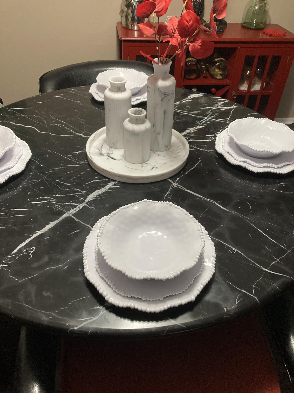 12-Piece White Beaded Melamine Dinnerware Sets - Chip-Resistant Plates & Bowls, Farmhouse Dining Set includes 4 dinner, 4 Salad and 4 Bowl - Ideal for RV, Cabin, Daily Use customer photo 2