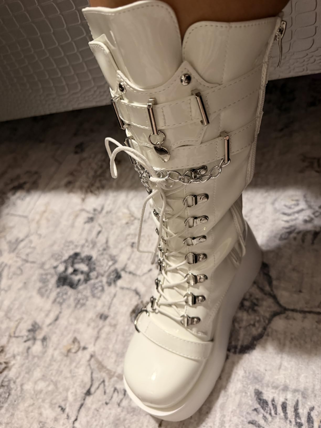 Women's Black Platform Boots Wedge Combat Gothic Chunky Heel Lace Up Mid Calf Punk Motorcycle Shoes customer photo 1