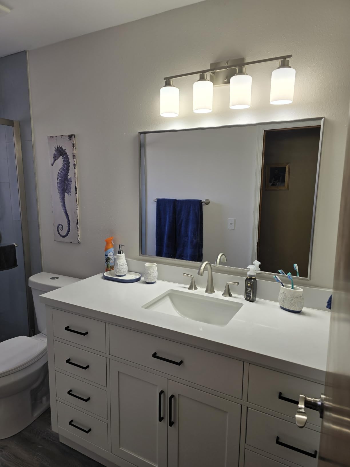 Ascher Bathroom Light Fixtures, 4-Light Vanity Light Over Mirror, Brushed Nickel Wall Sconces with Milky White Frosted Glass Shades, Wall Lamp for Living Room Bedroom, E26 Base(Bulbs Not Included) customer photo 2