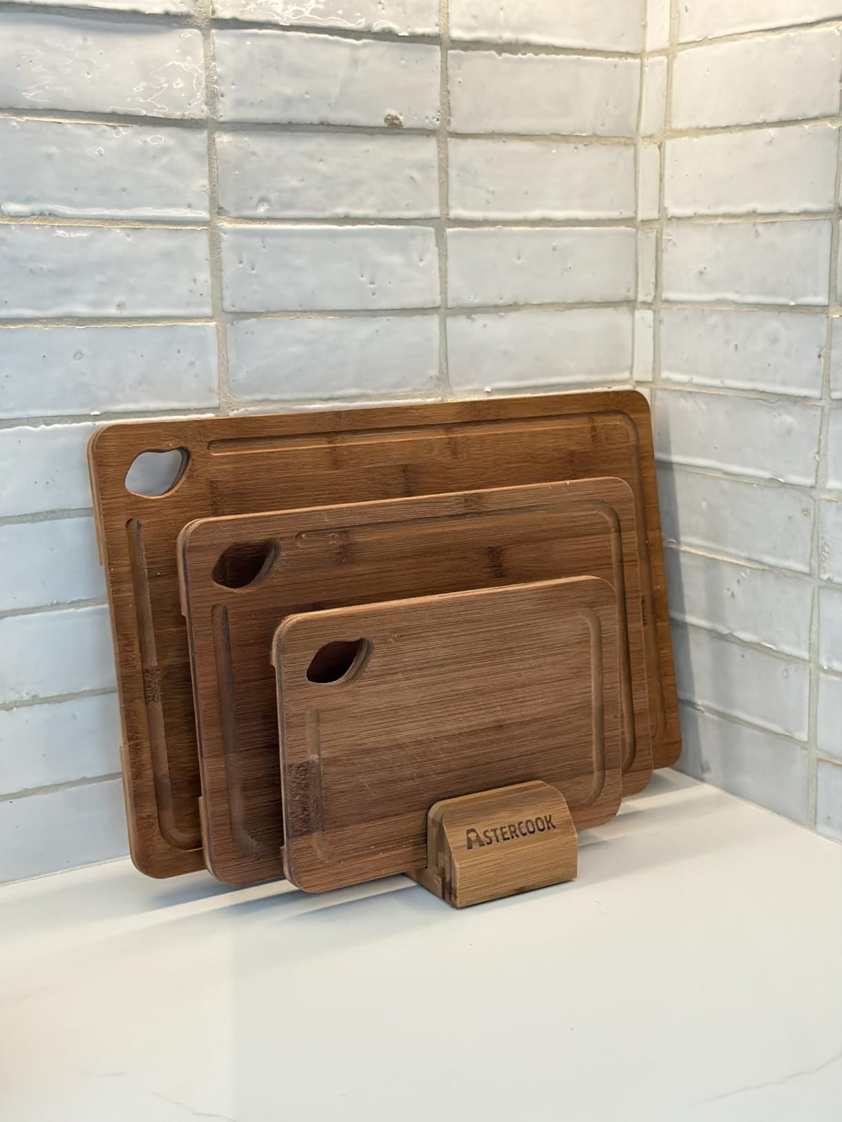 Astercook Deep-Carbonized Bamboo Cutting Boards for Kitchen with Wood Storage Stand, Reversible Charcuterie & Chopping Boards with Juice Grooves and Easy-Grip Handles, Fathers Day Gift for Men customer photo 1