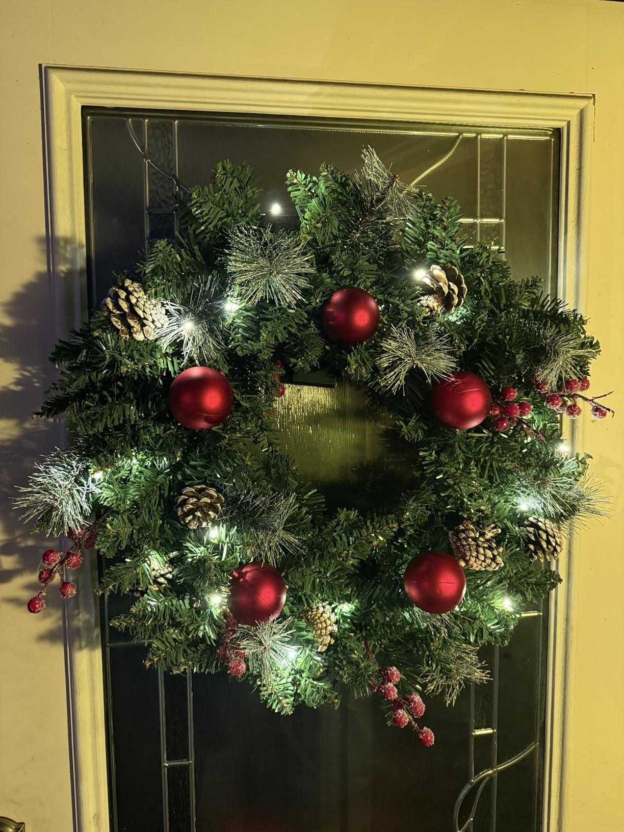 24 Inch Pre-Lit Artificial Christmas Wreath for Front Door, Christmas Door Decorations Wreath with LED Warm Lights, Balls, Pine Needles, and Red Berries Wall Windows Ornament customer photo 2