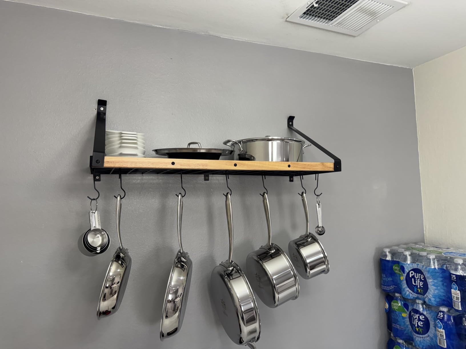 KES 132lb Heavy Duty Hanging Pot Rack Wall Mounted, 34 Inch Solid Wood Pot Rack Wall Mounted with 20 Sturdy Hooks, 2-Tier Wooden Pots Hanger Organizer Matte Black, KUR529S85B-BK customer photo 1