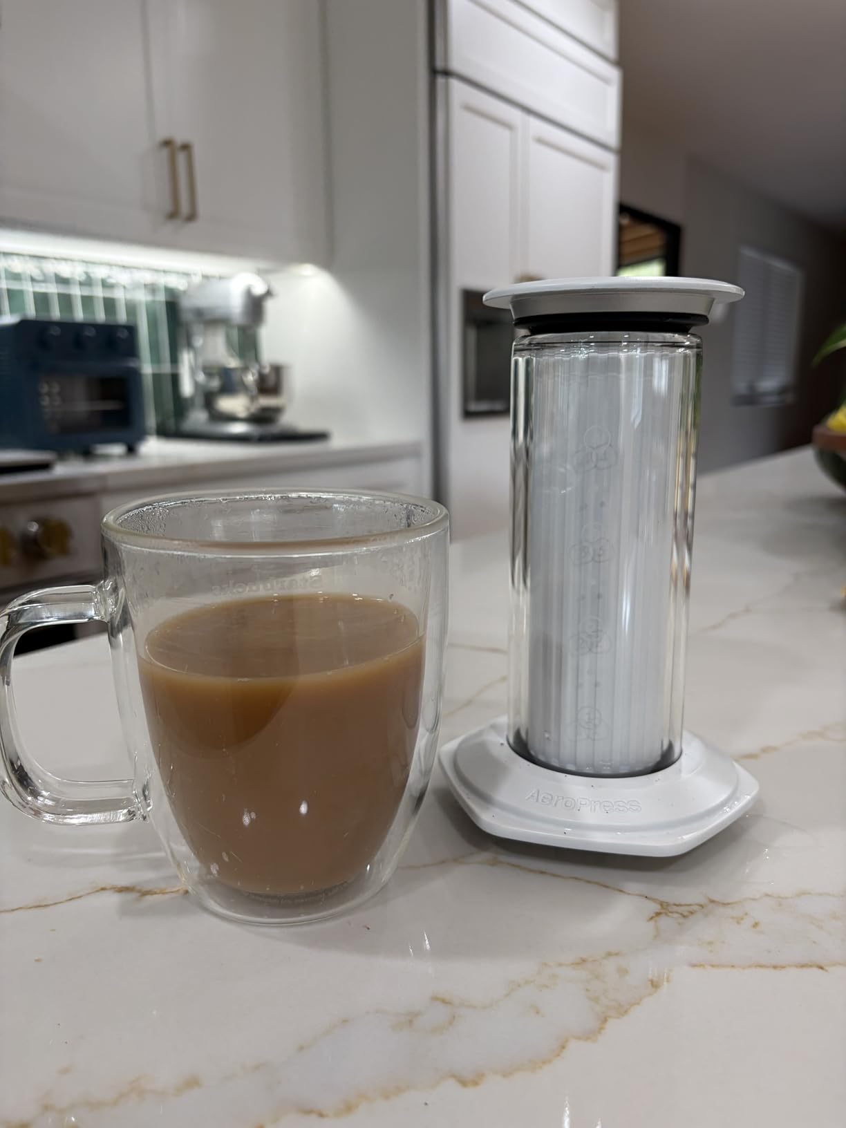 AeroPress Premium Coffee Press, Glass, Stainless Steel & Aluminum Coffee Maker, all-in-One French Press, Pour-Over & Espresso-Style manual brewer, 2 min brew for less bitterness, more flavor (Black) customer photo 1