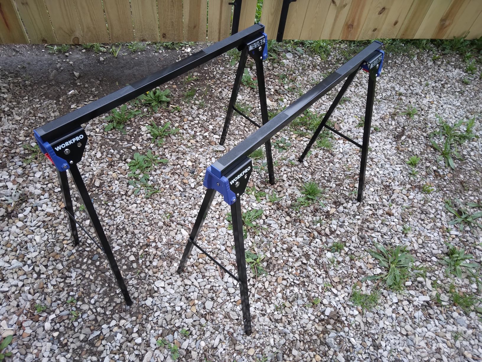 WORKPRO Folding Saw Horses 2 Pack, Heavy Duty Metal Sawhorse Supports 1800 lbs per Pair, Portable Foldable Work Stand with Lock & Carry Design for Woodworking, Garage, Workshop & Jobsite customer photo 1