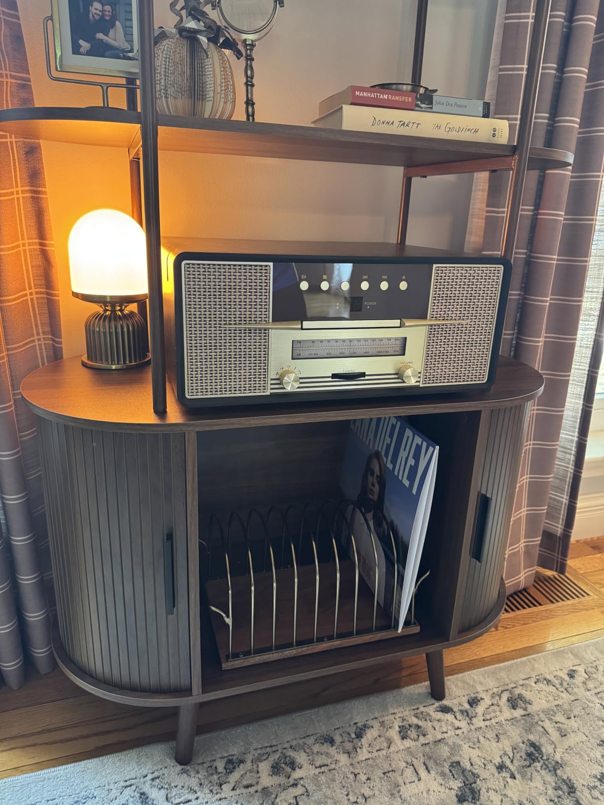 Tall Large Vinyl Record Player Stand, Fluted Long Record Storage Cabinet with Sliding Doors, Mid Century Modern Bookshelf, 4 Tier Media Display Shelf, Arched Turntable Stand for Living Room, Walnut customer photo 1