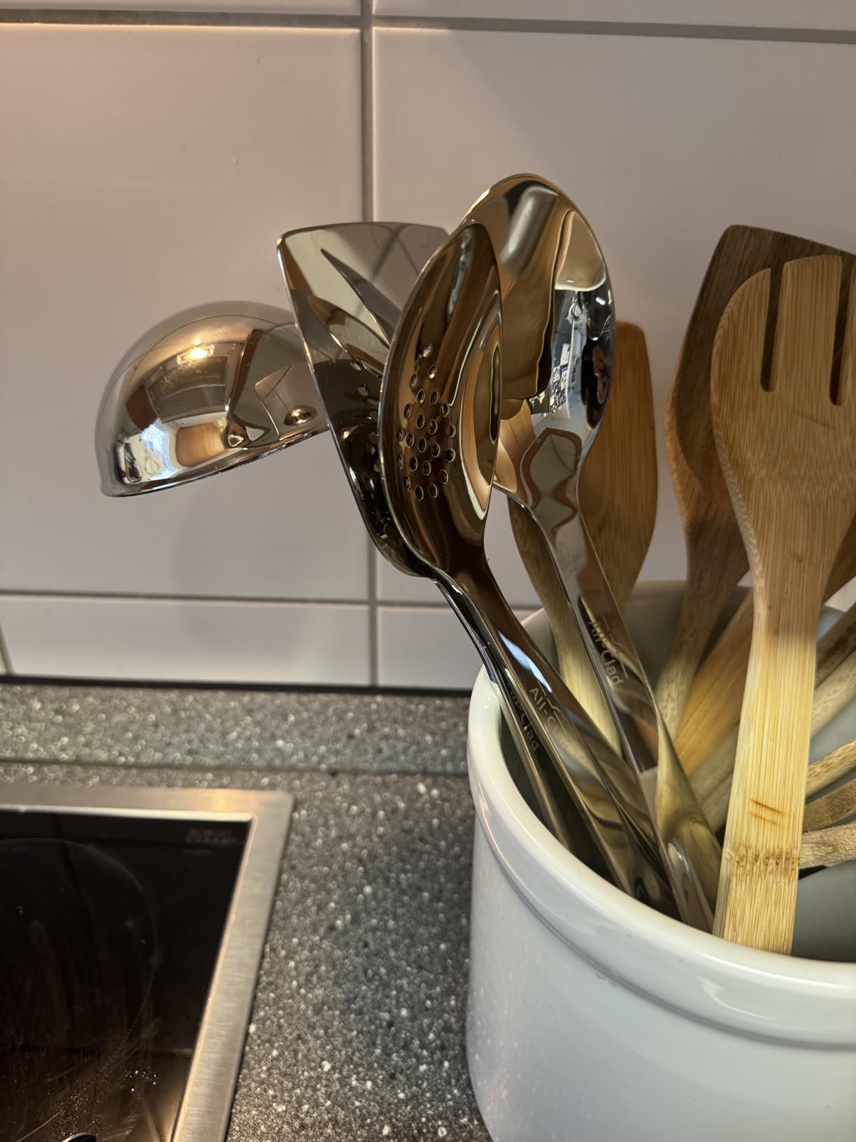 All-Clad 5-Piece Stainless Steel Kitchen Utensil Set - Includes Ladle, Solid Spoon, Slotted Spoon, Turner & Storage Caddy - Heavy-Gauge, Ergonomic, Dishwasher Safe, Silver customer photo 1