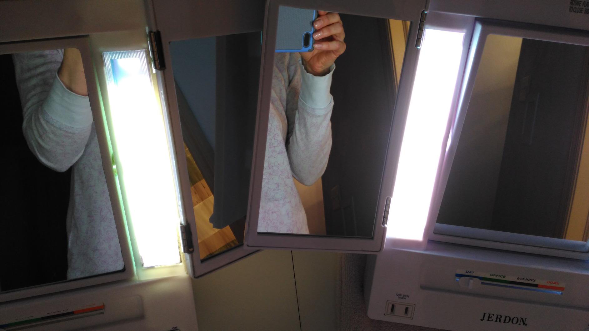 JERDON Lighted Makeup Mirror with 5X Magnification - White - JGL9W | Tri-Fold Two-Sided Design, Multiple Light Settings customer photo 1