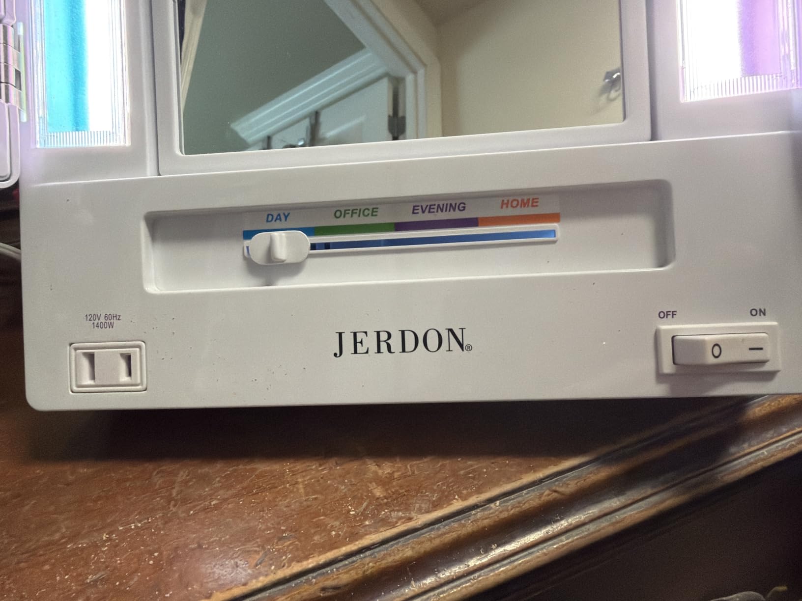 JERDON Lighted Makeup Mirror with 5X Magnification - White - JGL9W | Tri-Fold Two-Sided Design, Multiple Light Settings customer photo 2