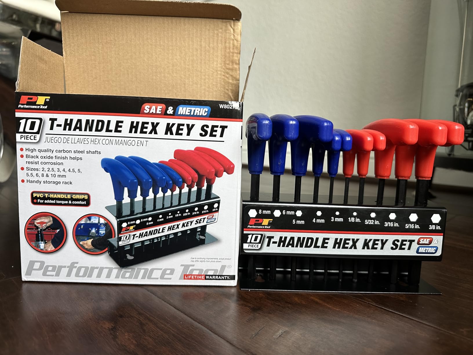 Performance Tool W80277 10-Piece SAE and Metric T-Handle Hex Key Set | Long arm Allen wrench set. High visibility PVC handles. customer photo 1