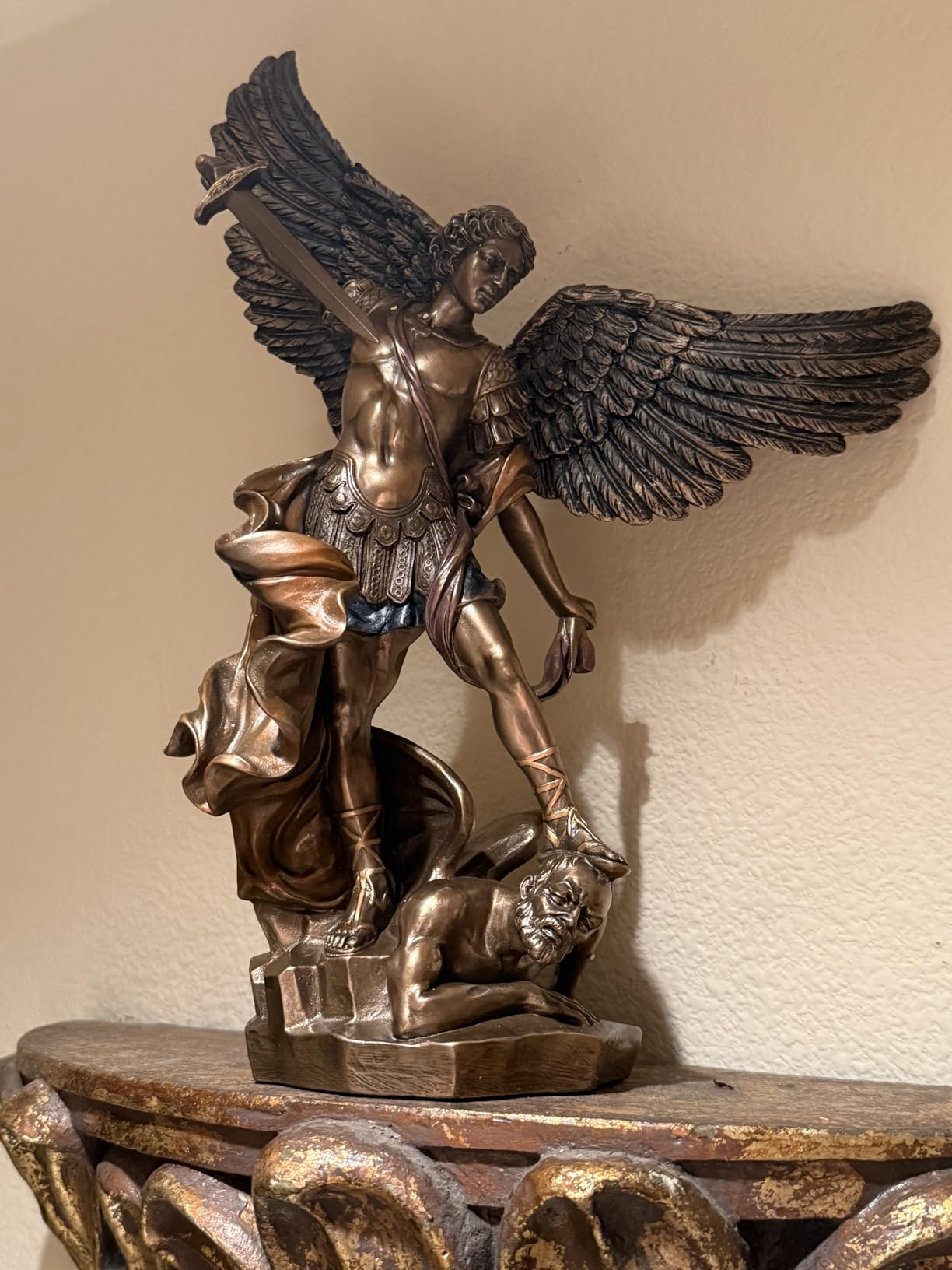 Top Collection Archangel St. Michael Statue - 14.5-Inch Saint Michael Defeating Lucifer Religious Premium Cold-Cast Bronze Sculpture customer photo 1