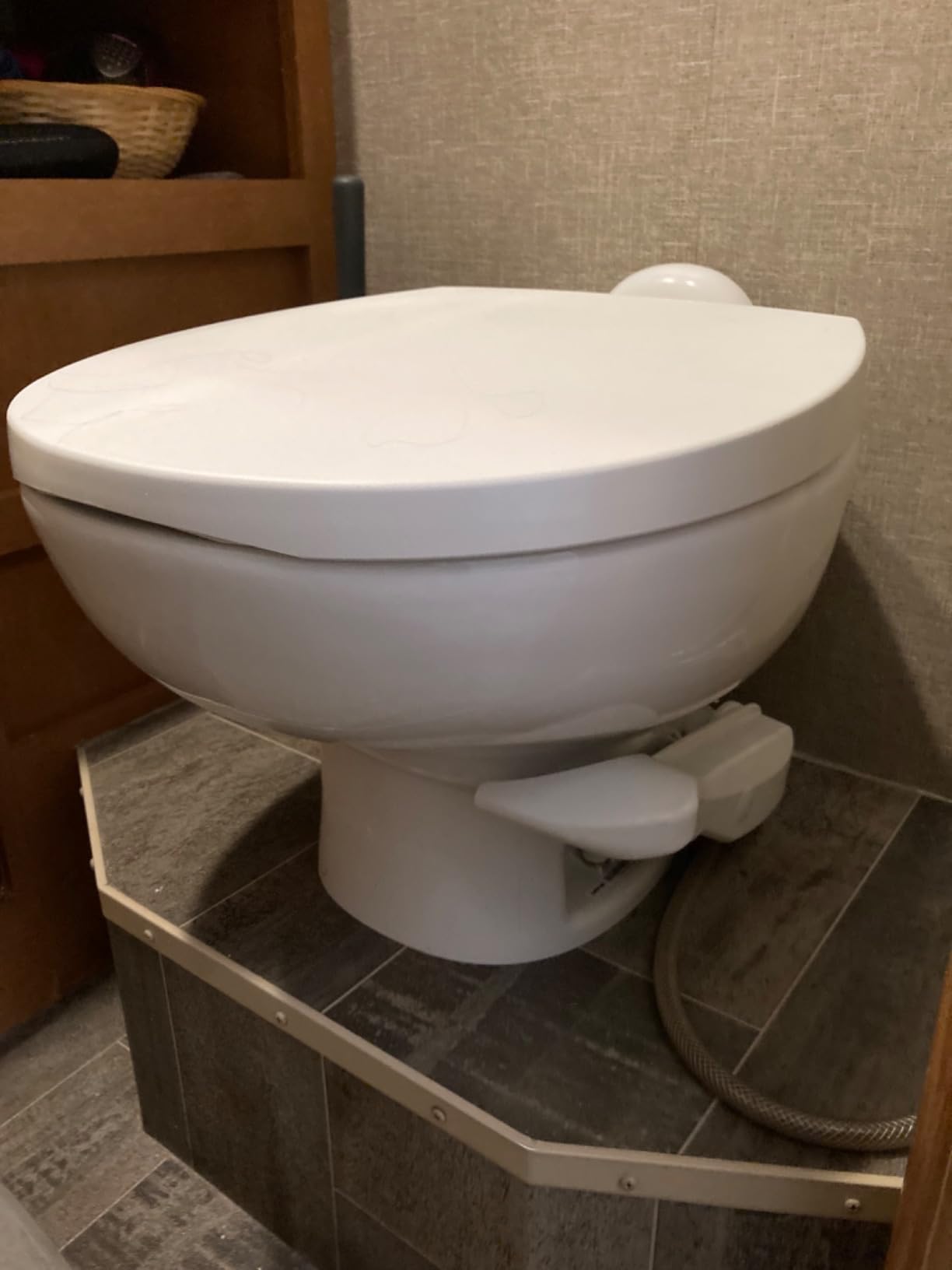 Aqua Magic Style II RV Toilet / Low Profile / White - Thetford 42059 | Full china bowl and a polymer body, dual action foot flush, full-size residential seat, floor mounted customer photo 1
