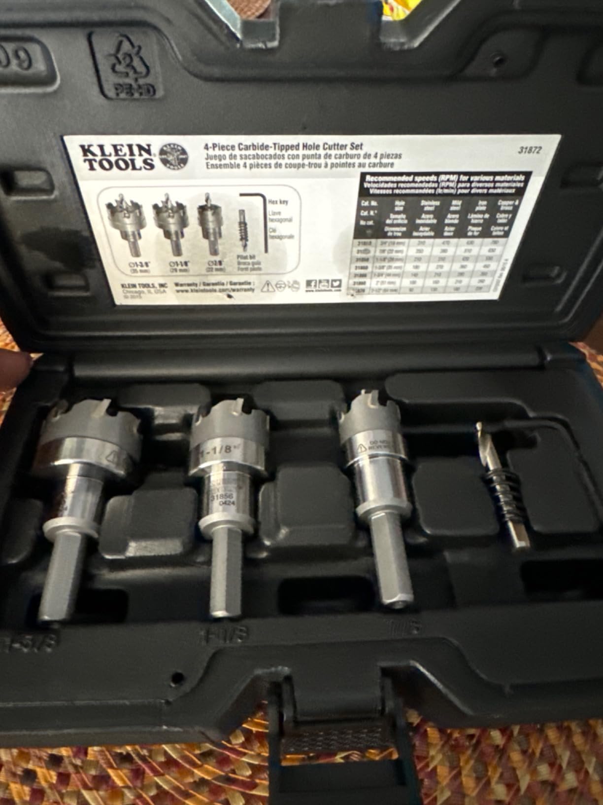 Klein Tools 31872 Heavy Duty Hole Saw Kit, Includes Carbide Hole Cutters and Pilot Bit in Rust-Proof Molded Plastic Case, 4-Piece customer photo 1