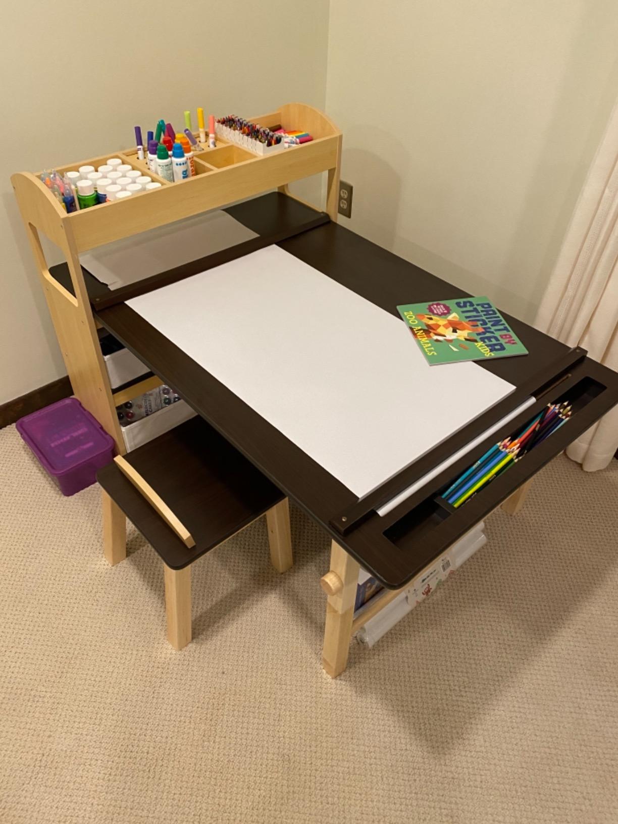 Guidecraft Deluxe Art Center: Kids' Montessori Art Table and Chairs Set with Storage Shelves, 6 Fabric Bins, Paper Roll | Wooden Kids' Activity Desk for Preschool, Homeschool, Playroom Furniture customer photo 1