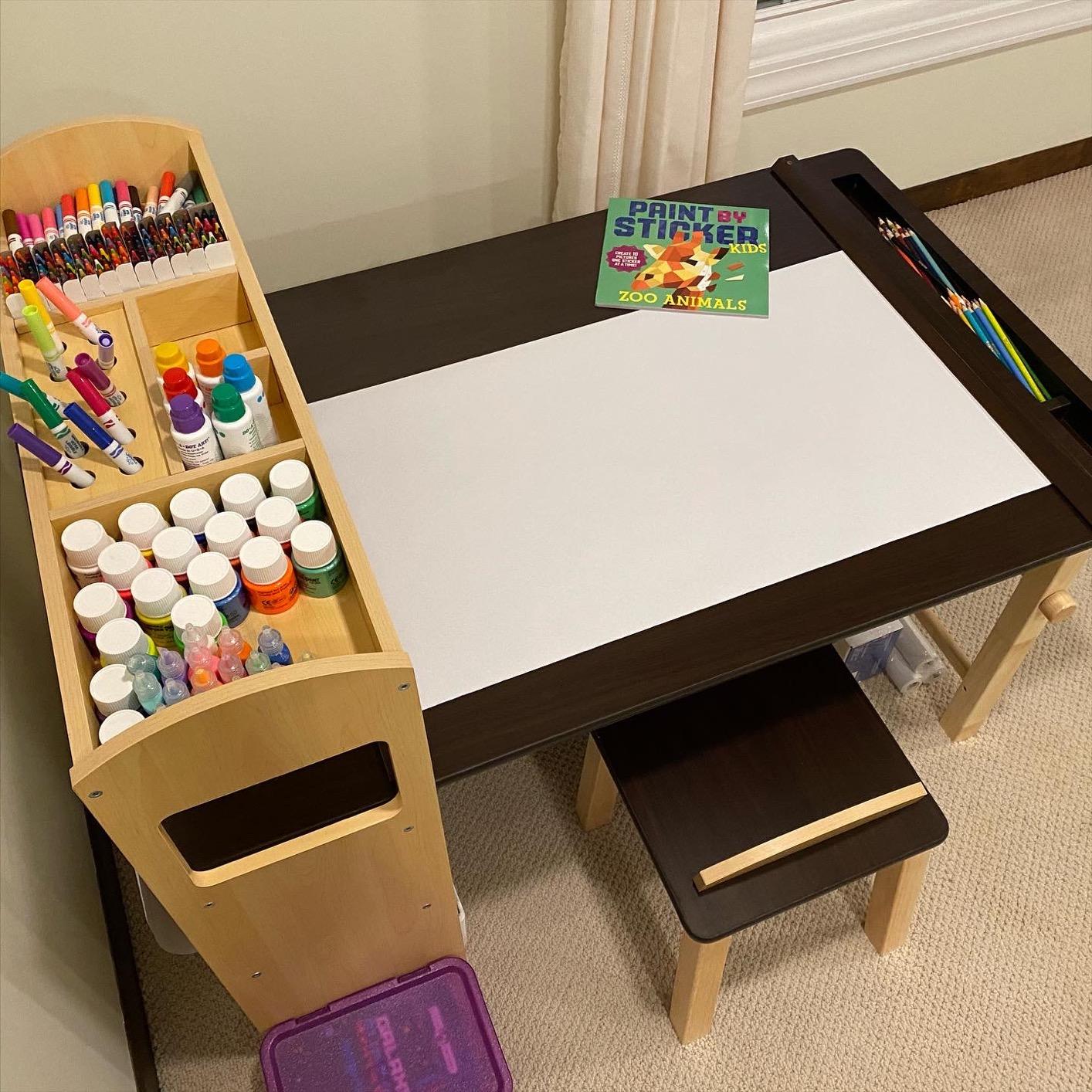 Guidecraft Deluxe Art Center: Kids' Montessori Art Table and Chairs Set with Storage Shelves, 6 Fabric Bins, Paper Roll | Wooden Kids' Activity Desk for Preschool, Homeschool, Playroom Furniture customer photo 2