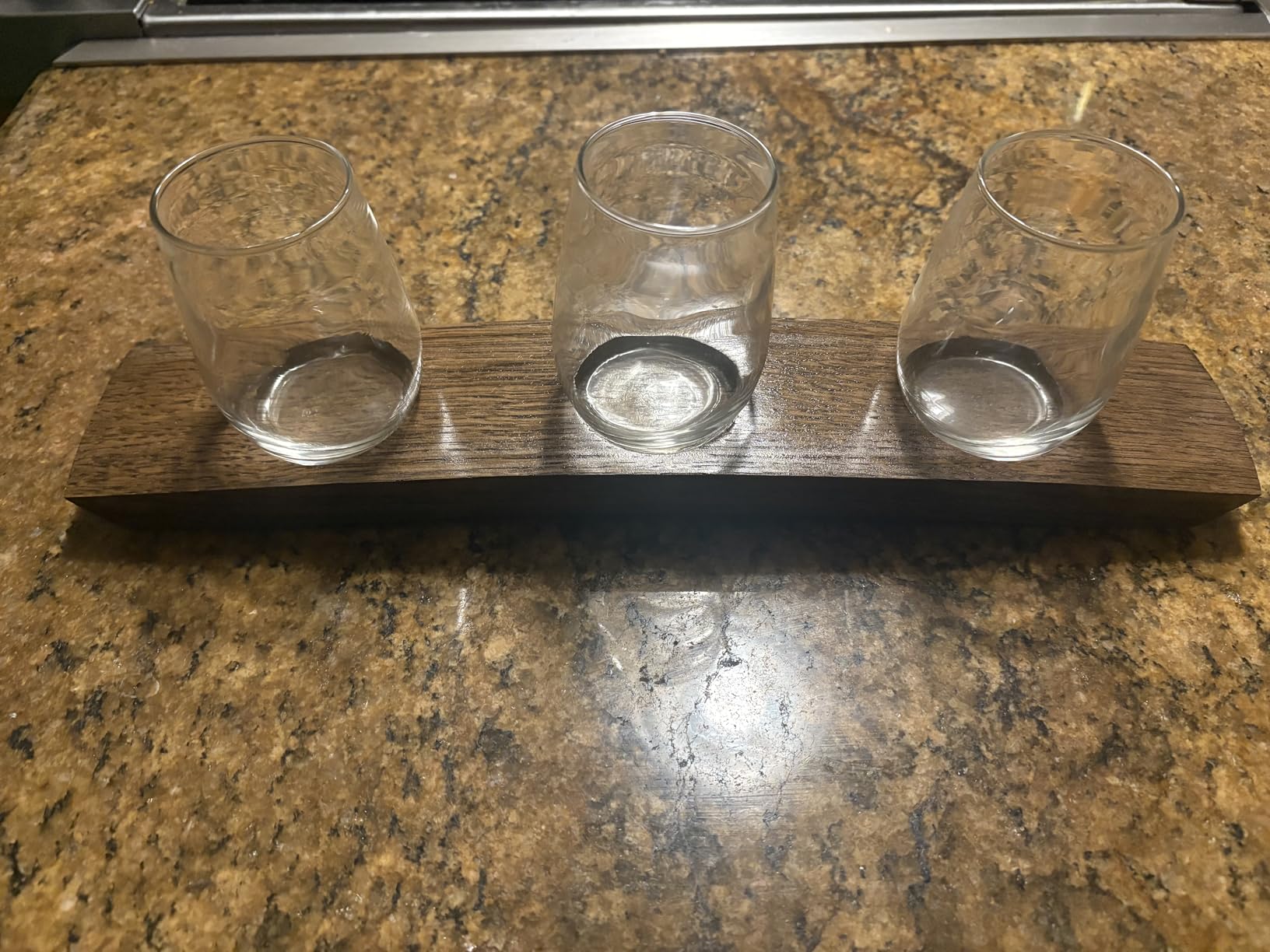 Wine Flight Board with 3 Wine Glasses, Dark Walnut Finish | Authentic red wine barrel stave flight tasting set for entertaining, includes 3 elegant 6 oz stemless wine glasses customer photo 1