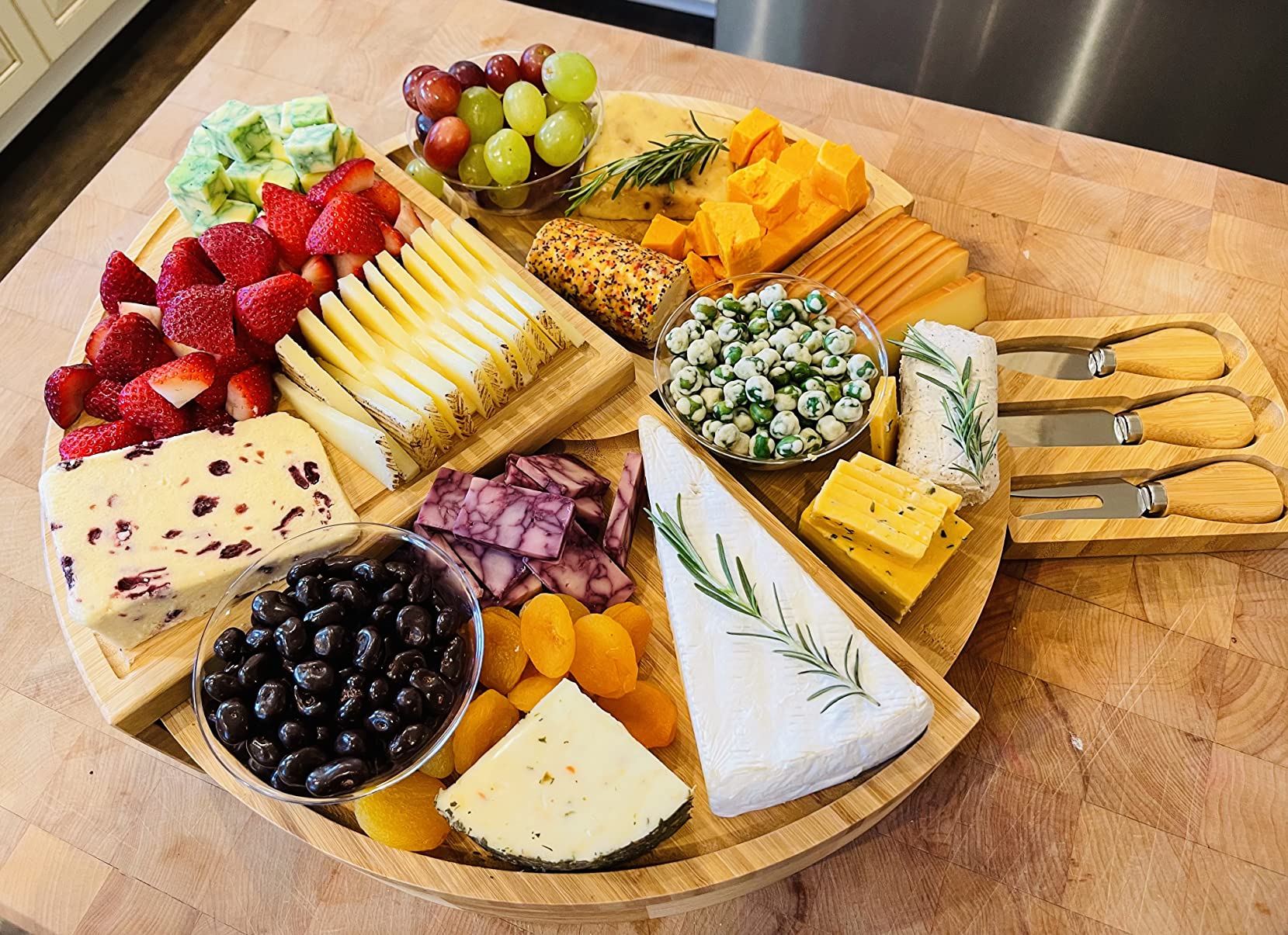 Picnic at Ascot Patented Bamboo Cheese/Charcuterie Board with Cheese Knife Set - Stores as a Compact Wedge - Opens to 18
