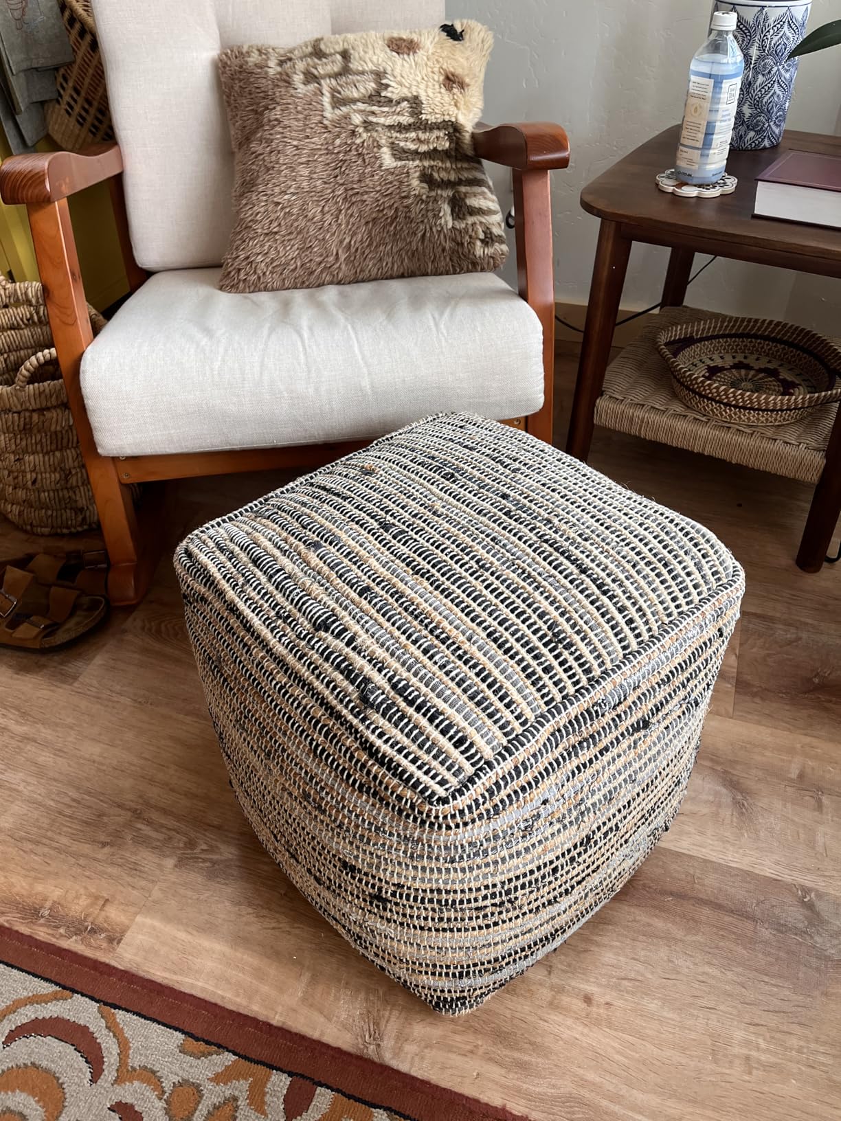 Signature Design by Ashley Chevron Pouf Ottoman, Blue Denim Foot Rest | Hand-woven cotton, Shape-retaining dense polystyrene filling, Versatile 18-inch square seat for living rooms customer photo 1