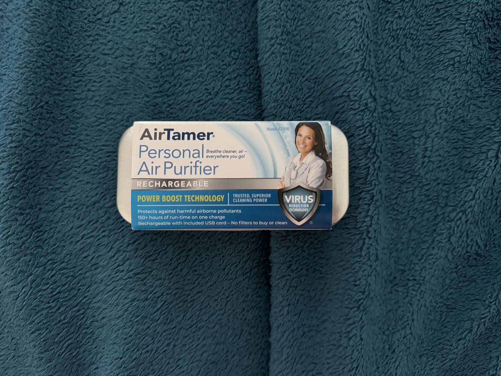 AirTamer A310W Wearable Personal Air Purifier, Rechargeable, White | Ionic negative-ion technology, no filters. Proven virus reduction. Metal Travel case included. For flights, office, commute customer photo 1