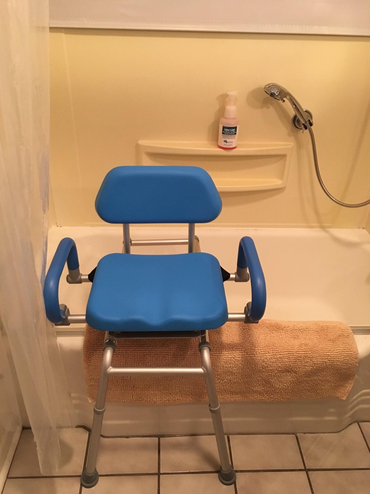 Platinum Health Carousel Sliding Shower Chair Tub Transfer Bench with Swivel Seat, Premium Padded, Pivoting Arms, Adjustable Space Saving Design customer photo 2