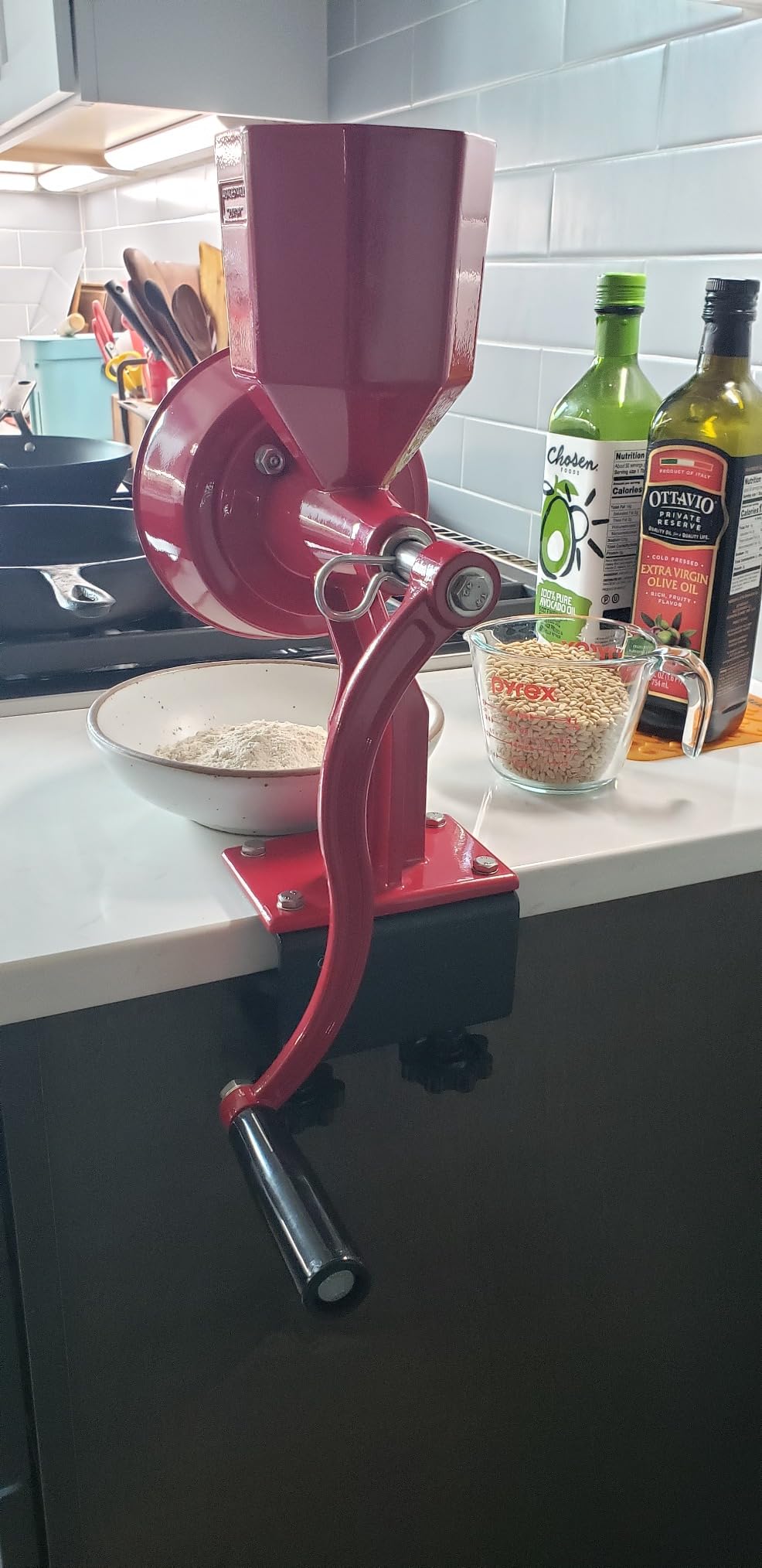 WONDERMILL Junior Deluxe Grain Mill for Flour, Hand Crank Wheat Mill for Grains, Nuts, Seeds, Oily Foods & Spices, Grain Grinder with Stone and Stainless Steel Burrs (Red) customer photo 1