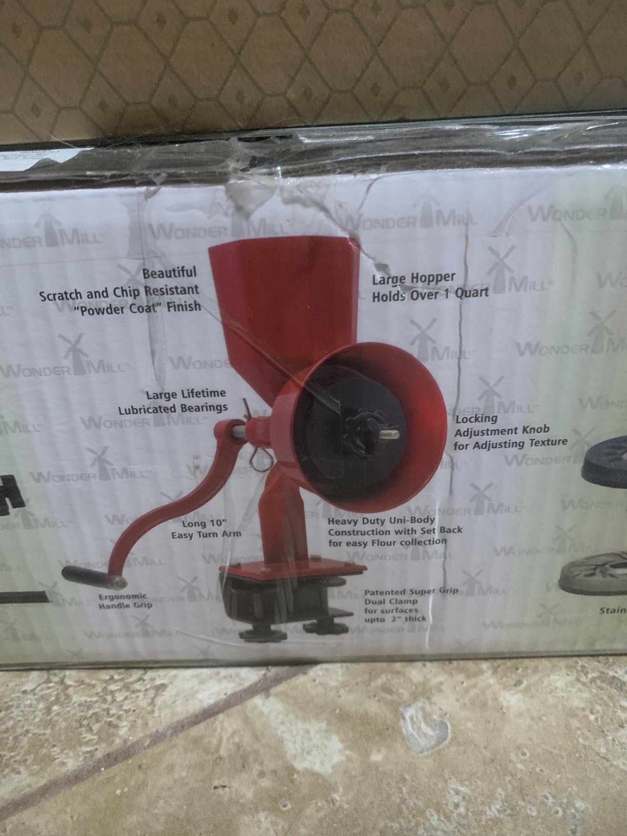 WONDERMILL Junior Deluxe Grain Mill for Flour, Hand Crank Wheat Mill for Grains, Nuts, Seeds, Oily Foods & Spices, Grain Grinder with Stone and Stainless Steel Burrs (Red) customer photo 2