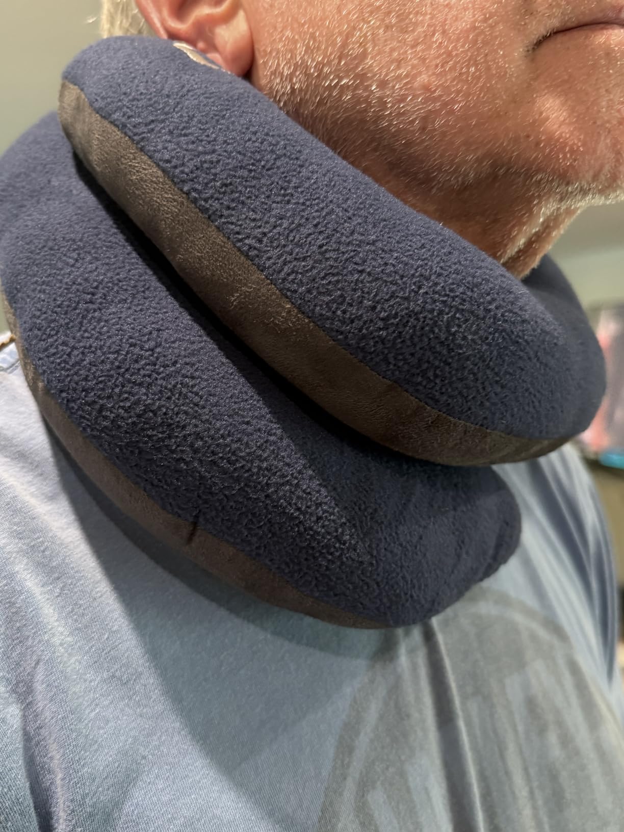 BCOZZY Travel Neck Pillow for Airplane - Patented Double Support for Head, Neck, and Chin. Best for Long Flights, Plane Sleeping, and Car Rides. Adjustable Size. Fully Washable. Carry Bag. Large, Navy customer photo 1