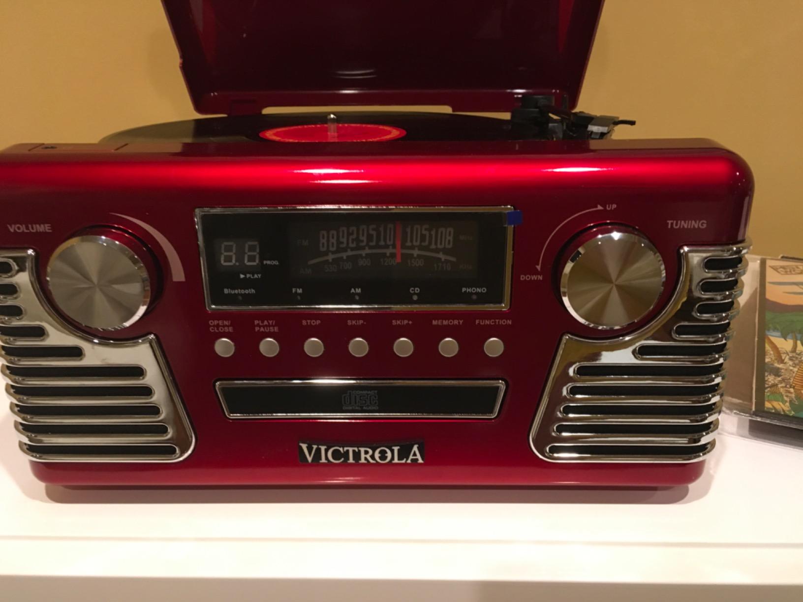Victrola Haley - Retro Bluetooth Record Player with CD Player - Red | Plays vinyl, CD and AM/FM radio through built-in stereo speakers, 1950s retro design, Bluetooth and aux streaming customer photo 2