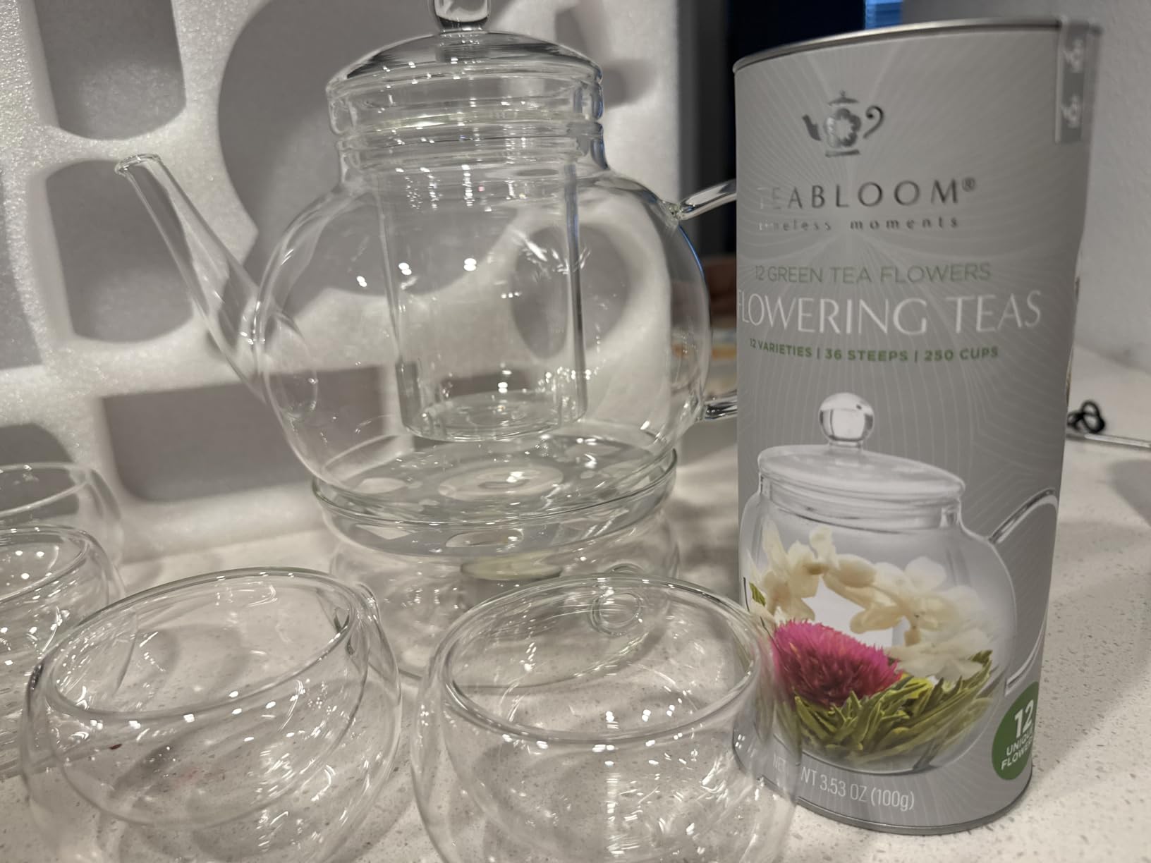Teabloom Complete Glass Tea Set - Teapot (40 oz), Loose Tea Infuser, 4 Insulated Teacups, Tea Warmer with Candlelight, and 12 Flowering Teas - Elegant Blooming Tea Gift Set customer photo 2