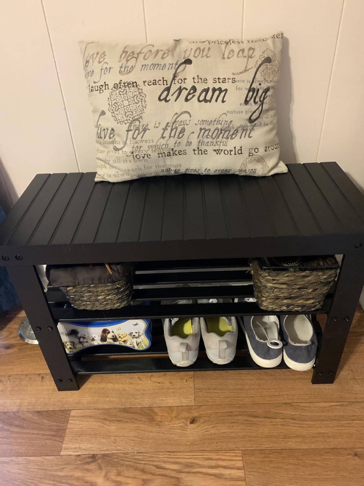 SONGMICS Shoe Rack Bench, 3-Tier Bamboo Entryway Bench, 27.6 Inches Width | Shoe Storage Organizer, Holds Up to 286.6 lb, Ink Black, BAMBOU Collection ULBS04H customer photo 1