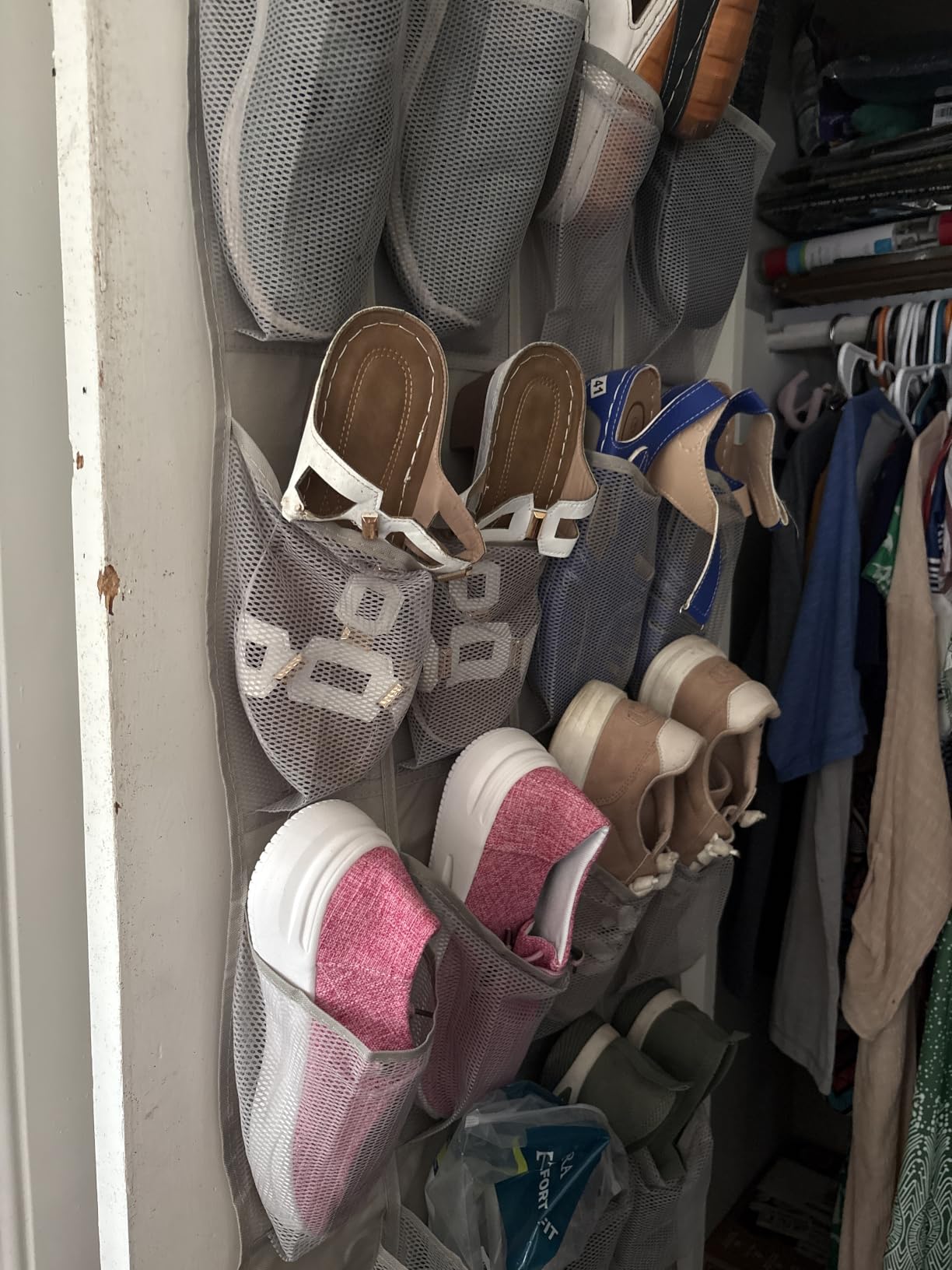 Amazon Basics 24 Medium Mesh Pocket Over-the-Door Hanging Shoe Organizer, Space Saving Shoe Storage, Light Grey customer photo 2