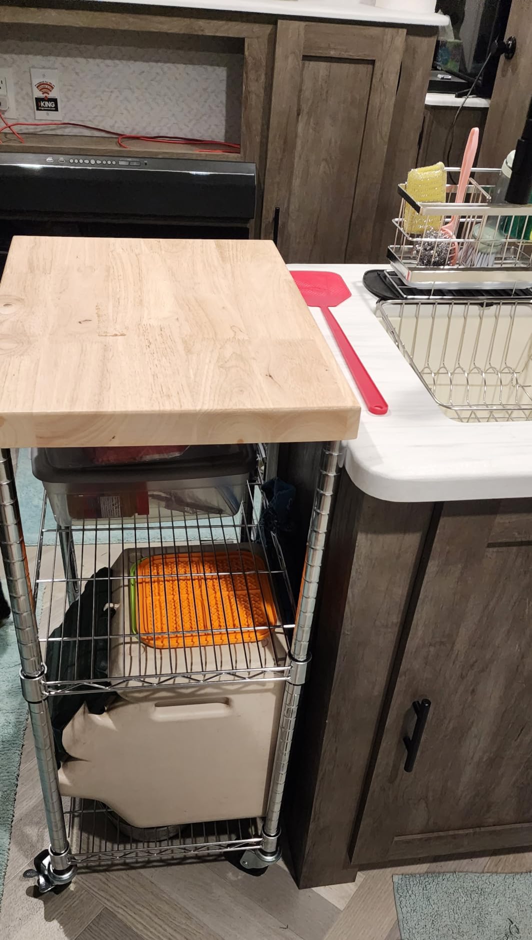 Amazon Basics Portable Kitchen 3-Tier Storage Rack on Caster Wheels with Adjustable 2 Shelves, 175 Pound Capacity, Wood/Chrome customer photo 2