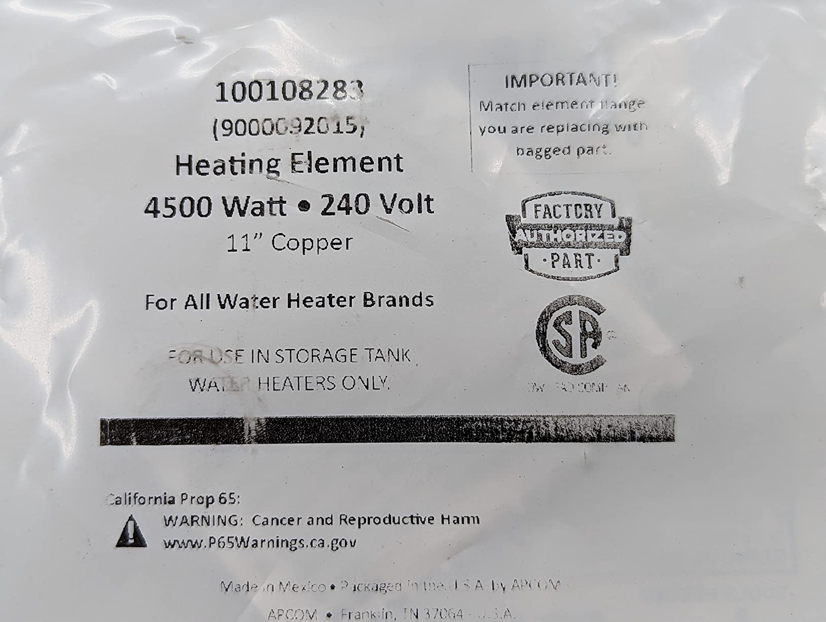 AO Smith 100108283 - K, HEATING ELEMENT, 4500W, 240V, 11 INCH, COPPER customer photo 1