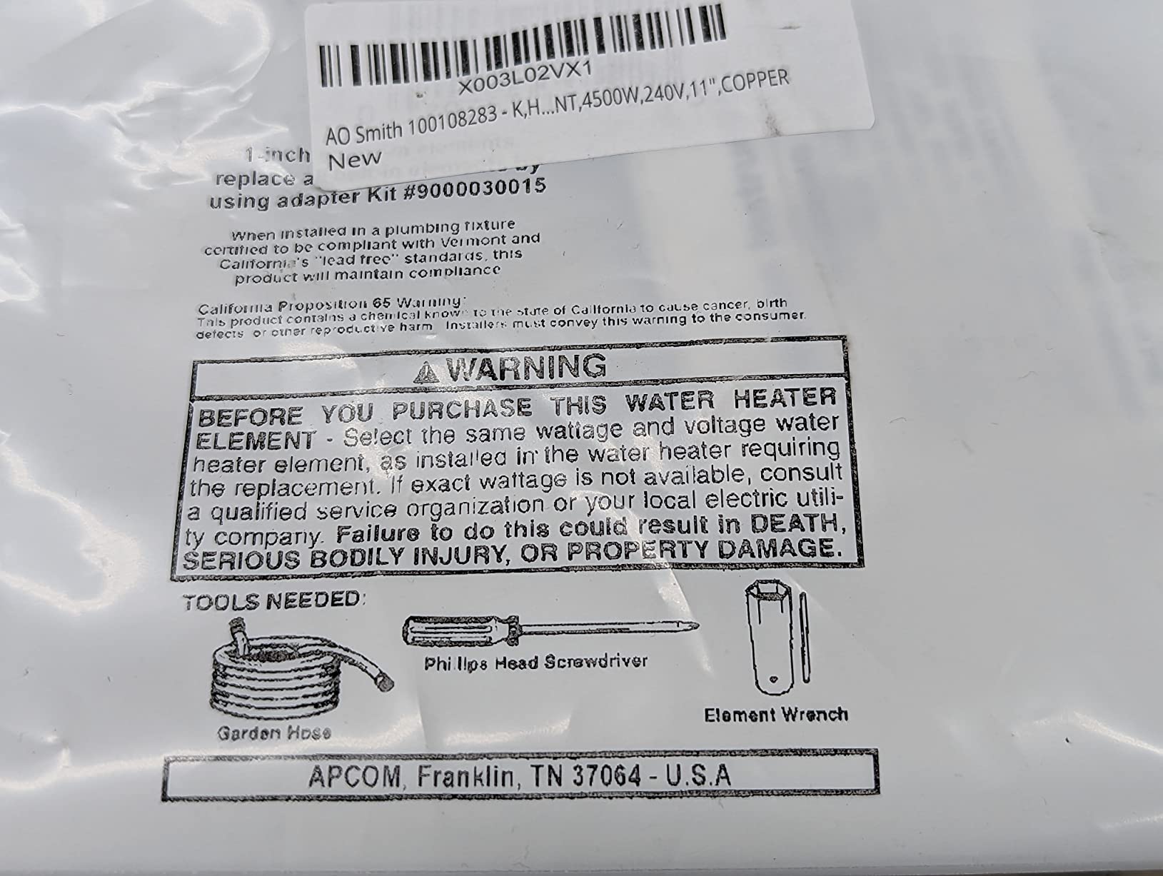 AO Smith 100108283 - K, HEATING ELEMENT, 4500W, 240V, 11 INCH, COPPER customer photo 2