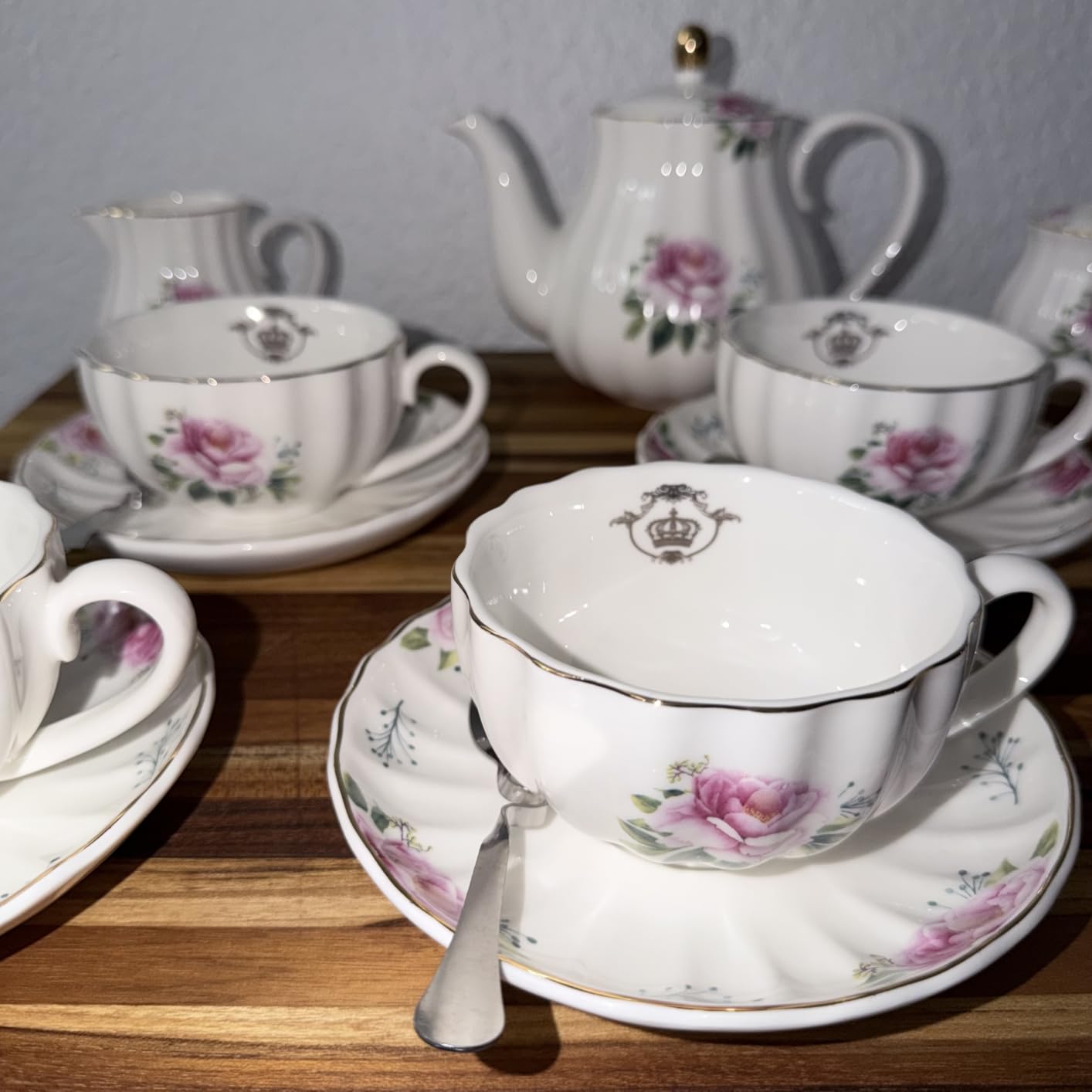 Porcelain Tea Sets British Royal Series, 8 OZ Cups& Saucer Service for 6, with Teapot Sugar Bowl Cream Pitcher Teaspoons and tea strainer for Tea/Coffee, Pukka Home (Pure White) customer photo 2