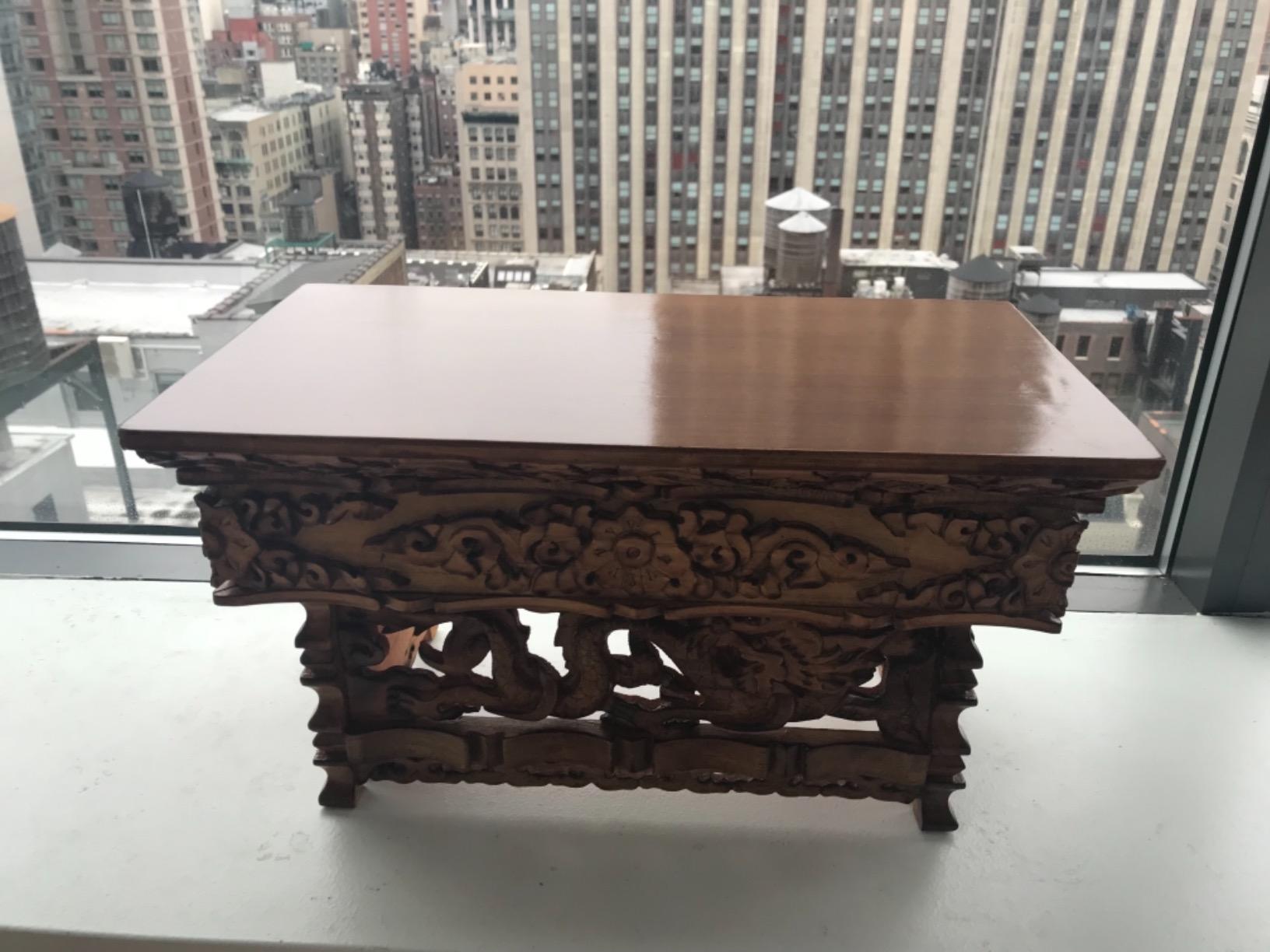 DharmaObjects Solid Indian Elm Wood Hand Carved Floor Shrine Altar Meditation Table (Large, Dark) customer photo 2