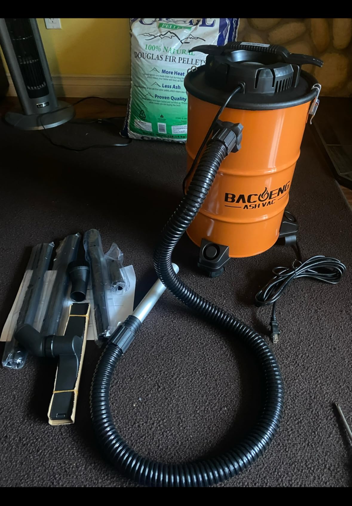 BACOENG 5.3-Gallon Ash Vacuum with Double Stage Filtration System, 10 Amp Ash Vacuum for Pellet Stoves with 1200W Powerful Suction, 5FT Metal Hose and 360° Rotating Wheel customer photo 2