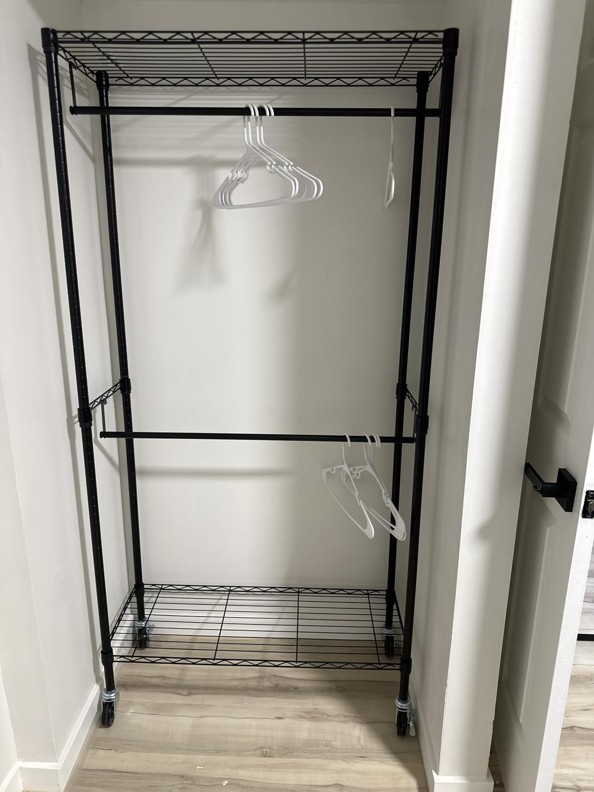 Amazon Basics Adjustable Clothes Rack for Handing, Double Hanging Rod Garment Rolling Closet Clothing Organizer, Chrome, 36'' x 14'' x 72'' customer photo 1