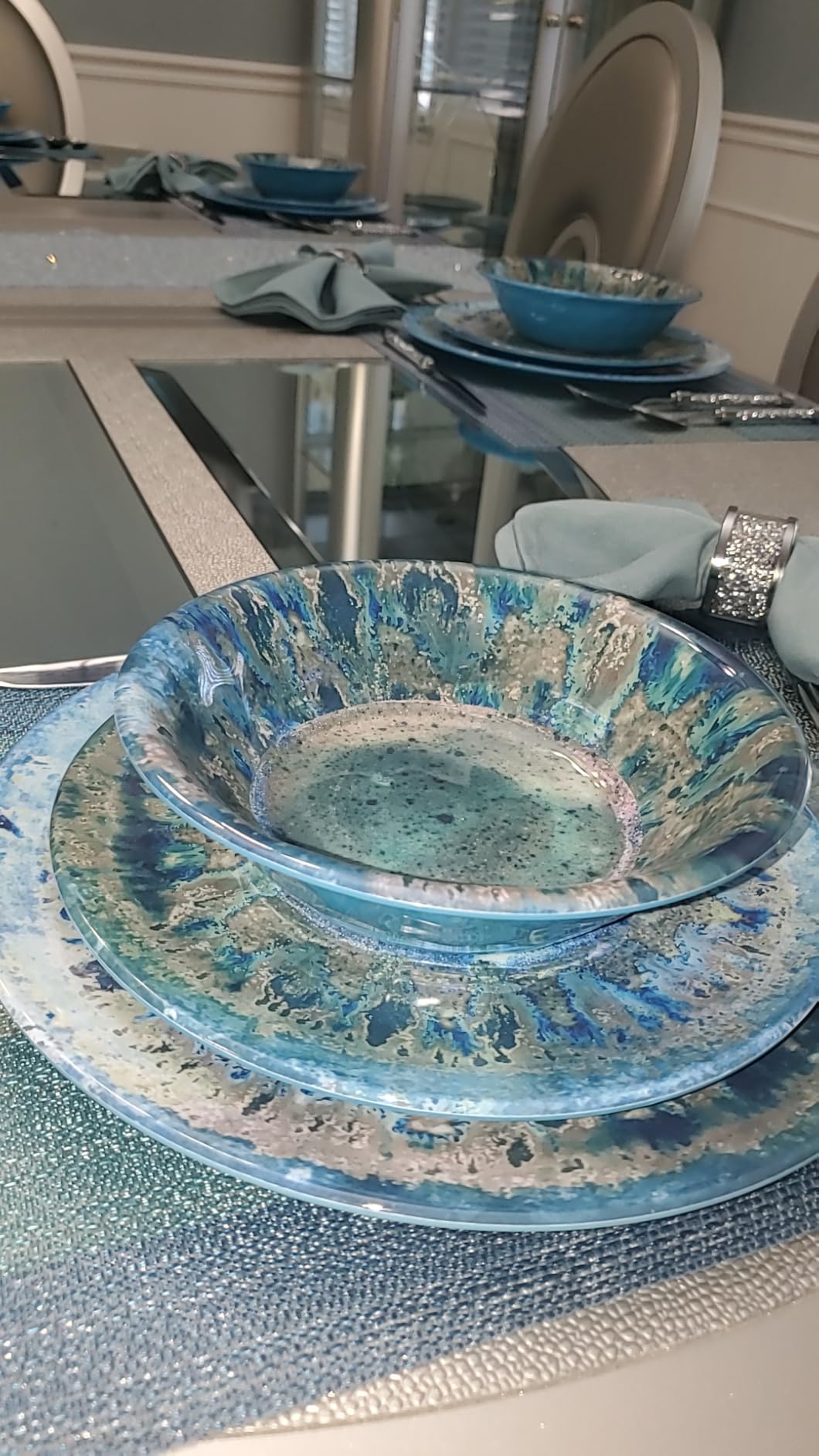 Radiance Teal 12pc Melamine Dinnerware Set - Service for 4 Plates and Bowls Set, Outdoor Dinnerware, Coastal Dishes, Unbreakable, Dishwasher Safe, Heavyweight Melamine, Rustic Look customer photo 1
