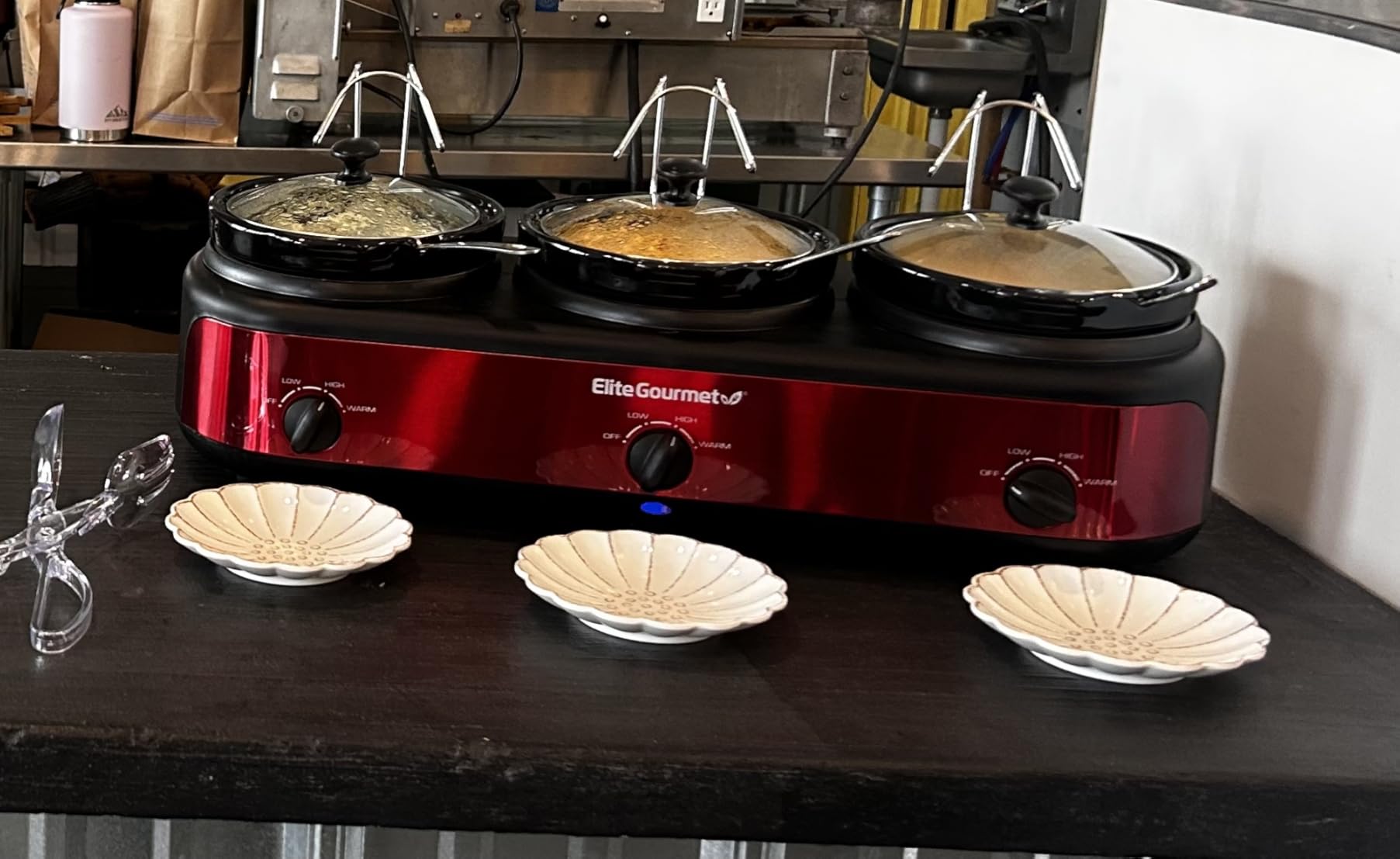 Elite Gourmet EWMST-325R Triple Slow Cooker Buffet Server, 3 x 2.5 Qt, Red | Adjustable Temp, Dishwasher-Safe Oval Ceramic Pots with Lid Rests customer photo 2