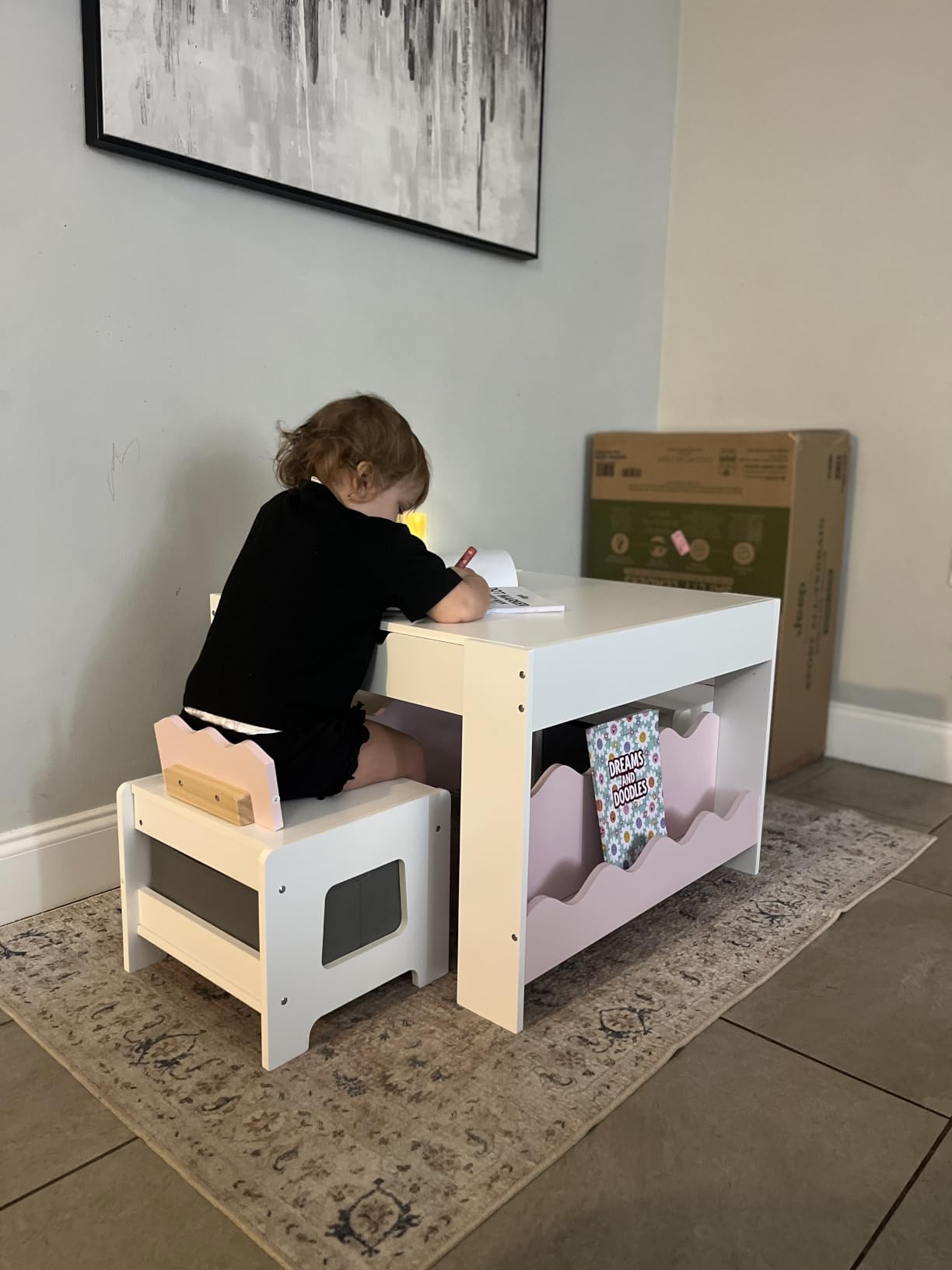 Costzon Kids Table and Chairs, Multifunctional Wooden Toddler Activity Desk Set w/Reversible Tabletop, Storage Drawers and Bookshelves for Drawing, Reading, Crafts, Toddler Table and Chair Set customer photo 1