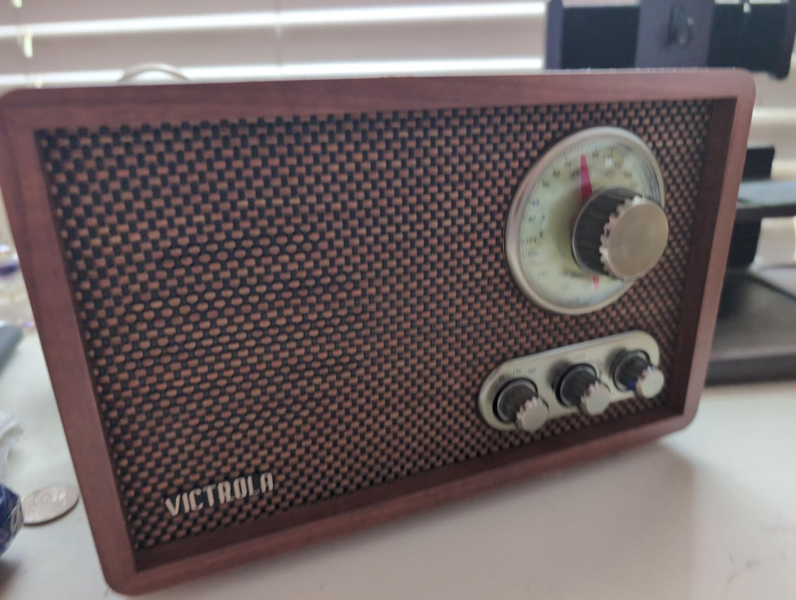 Victrola Willow - Retro Wood Bluetooth Radio, AM/FM - Walnut | Compact wood tabletop radio, analog AM/FM rotary dial, Bluetooth streaming, built-in speakers, bass and treble controls customer photo 2
