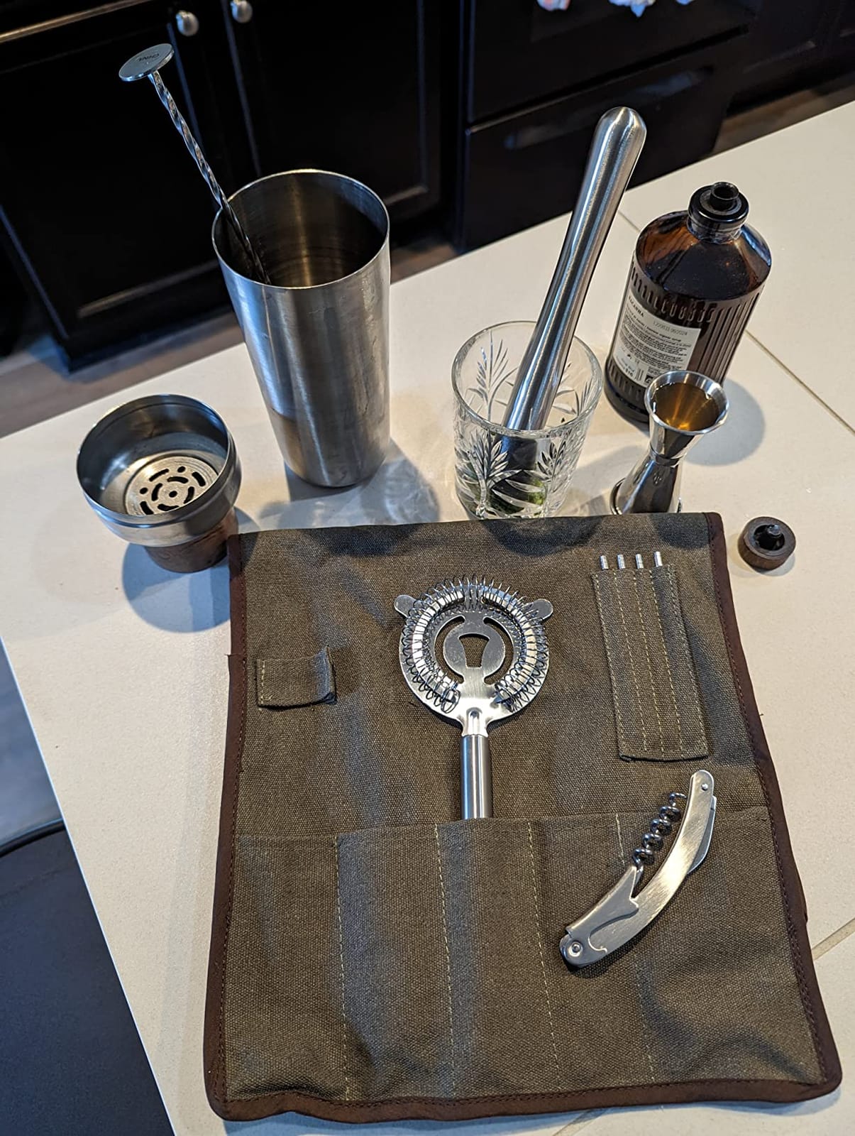 PICNIC TIME 10-Piece Bar Tool Roll Up Kit, Travel Bartender Kit with Bag and Cocktail Set, Mixology Bartender Travel Set with Waxed Canvas Storage Pouch and Cocktail Accessories, (Khaki) customer photo 1