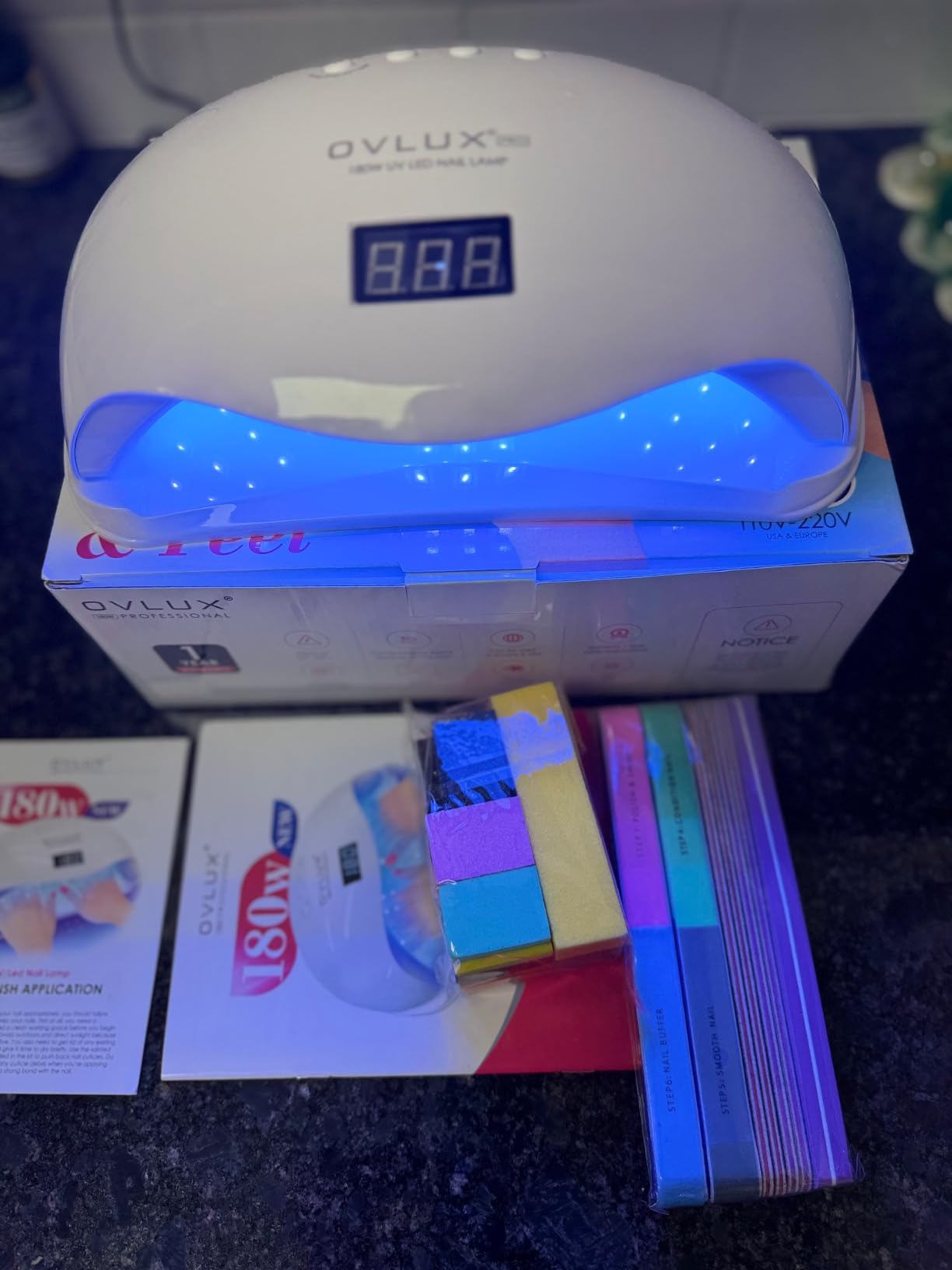 OVLUX 180W UV LED Nail Lamp Professional - Fast Gel Nail Dryer with 57 LEDs, LCD Countdown, Auto Sensor & Low Heat Mode, UV Light for Gel Nails, Salon & Home, Nail Buffer & File Set customer photo 2