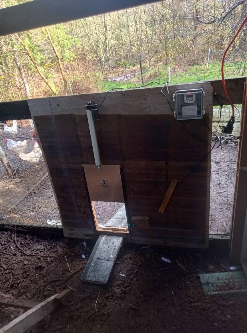 JVR Automatic Chicken Coop Door, Programmable Timer, Anti-Pinch, Aluminum | Heavy-duty aluminum door with industrial screw-rod actuator, anti-pinch sensor, and 11 x 12 in opening; timer schedule only customer photo 1