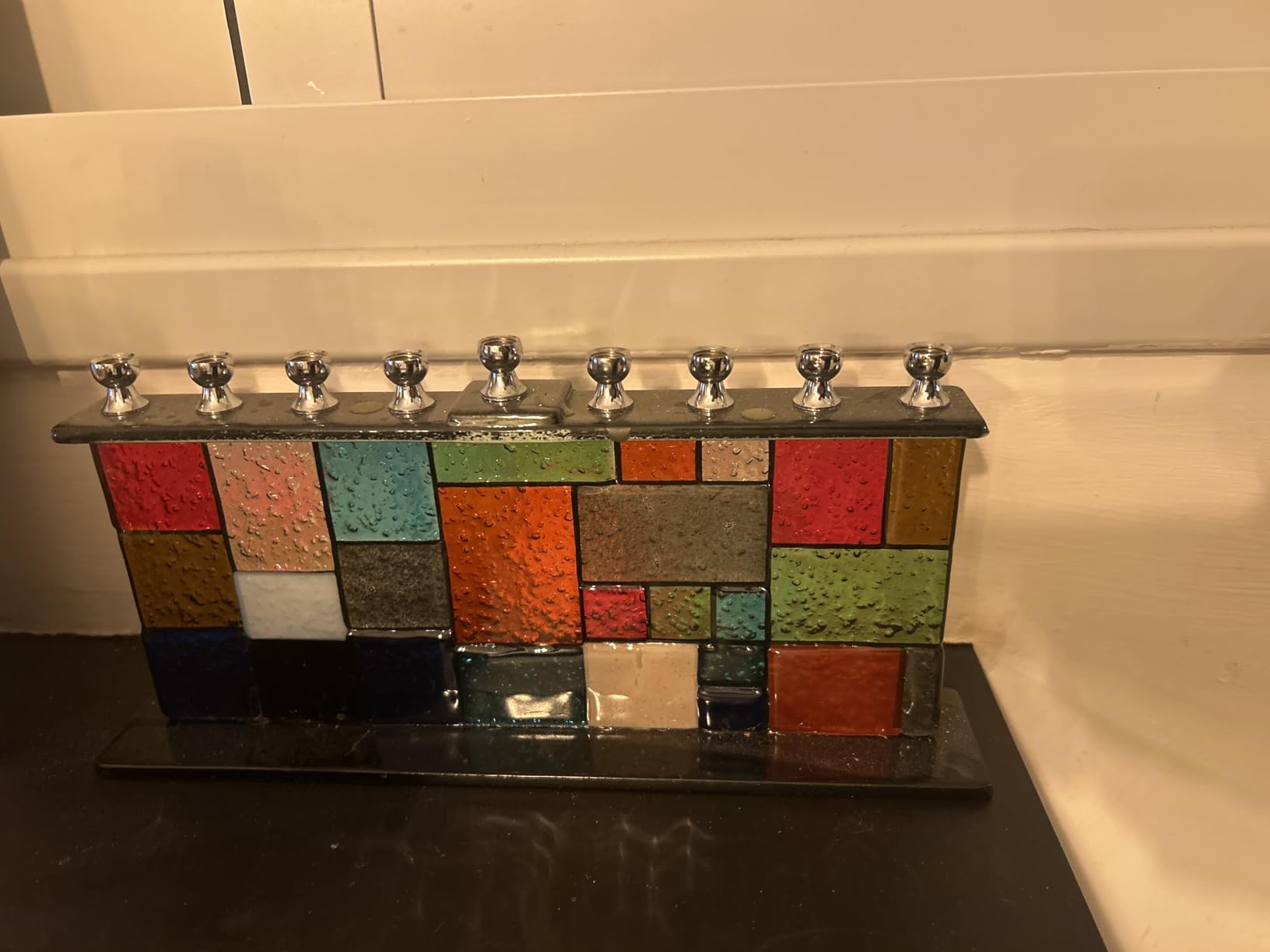 Ner Mitzvah Glass Hanukkah Menorah - Wall of Unity Multicolored Chanukah - Handcrafted Painted Glass - Fits All Standard Candles customer photo 2