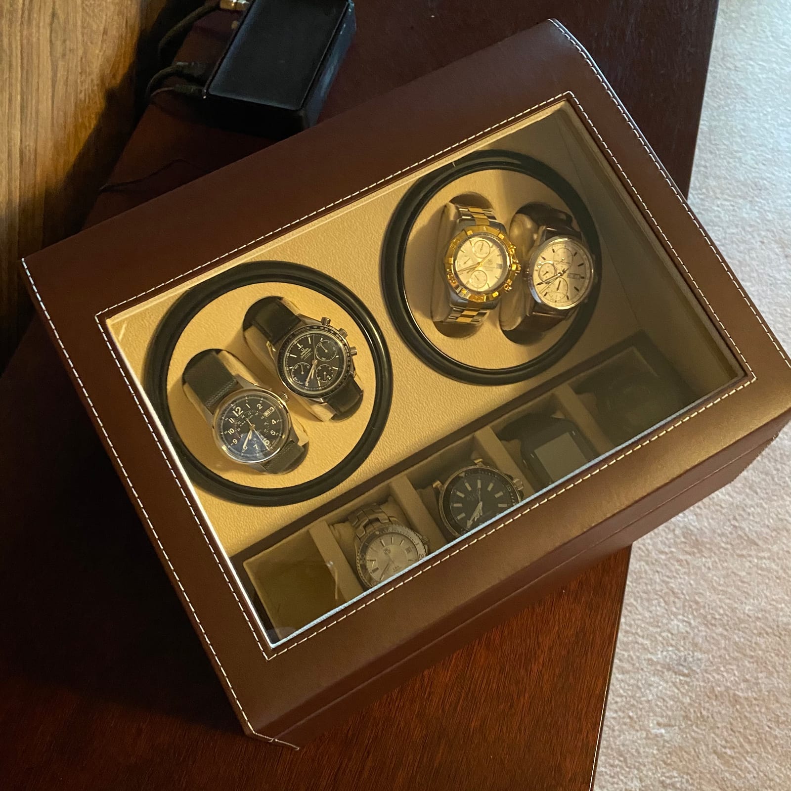 SHZICMY Automatic Watch Winder Display Box, 4+6 Automatic Rotation Leather Wood Watch Winder Collector Display Box (Black) customer photo 1
